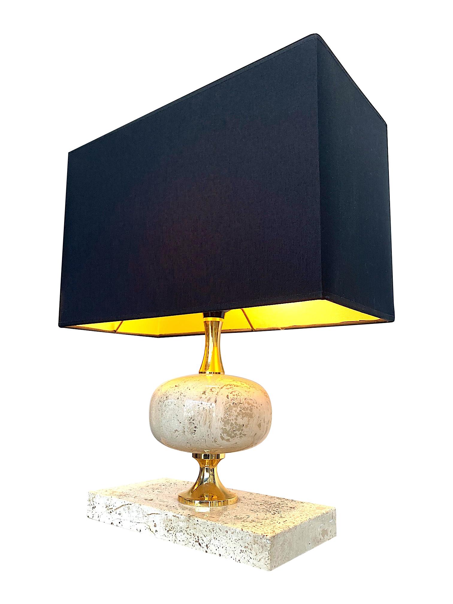 Late 20th Century 1970s Maison Barbier Travertine and Brass Lamps with New Bespoke Shade