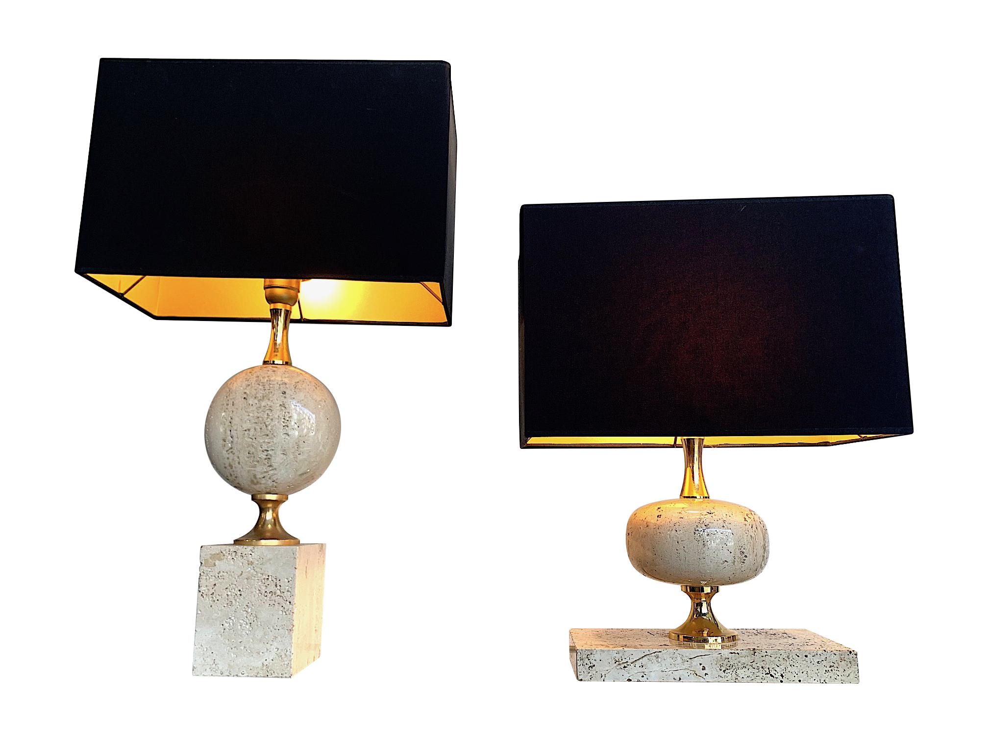 1970s Maison Barbier Travertine and Brass Lamps with New Bespoke Shade 3