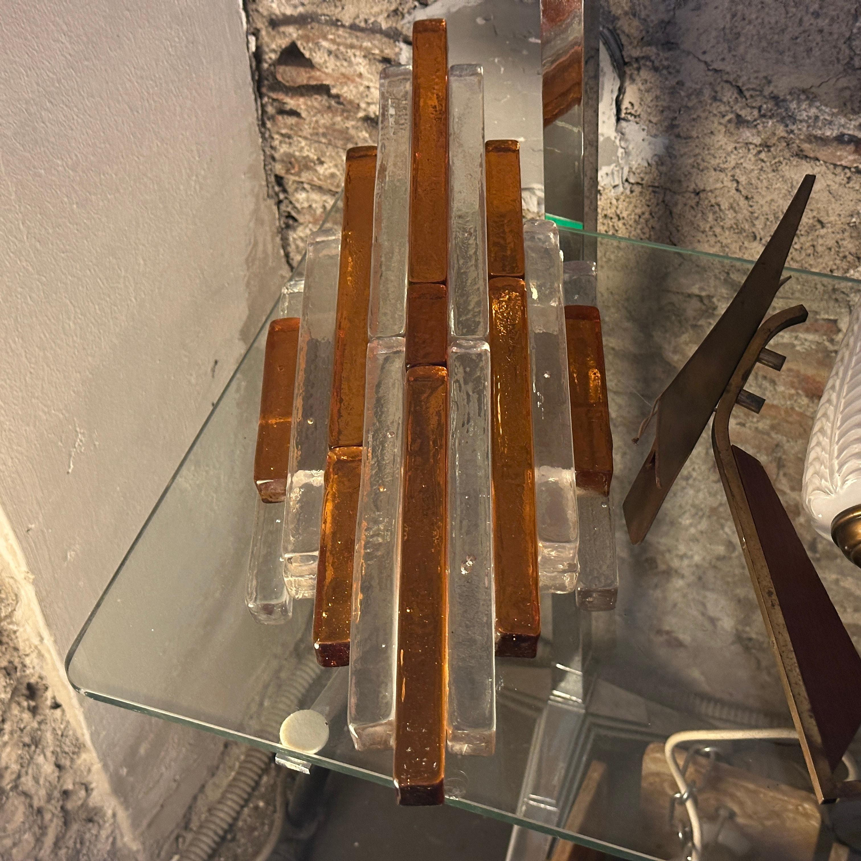 Hand-Crafted A 1970s Brutalist Amber and Clear Stacked Glass Linea Wall Sconce by Poliarte For Sale