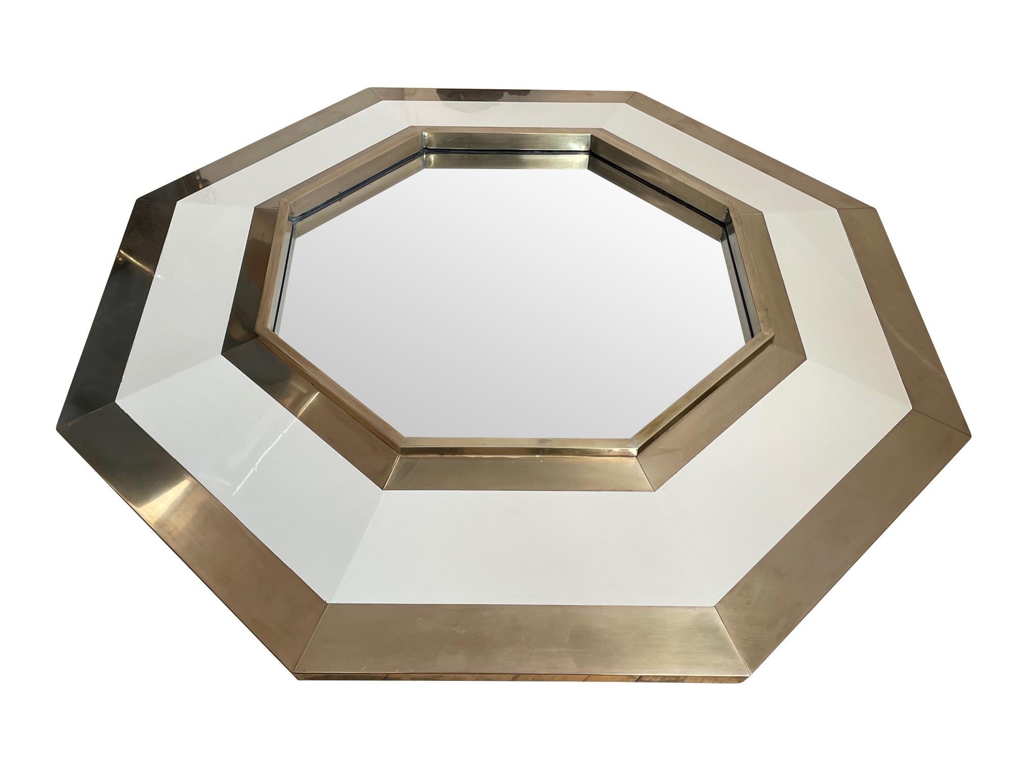 1970s Octagonal Brass and Ivory Lacquer Mirror by Jean Claude Mahey For Sale 3