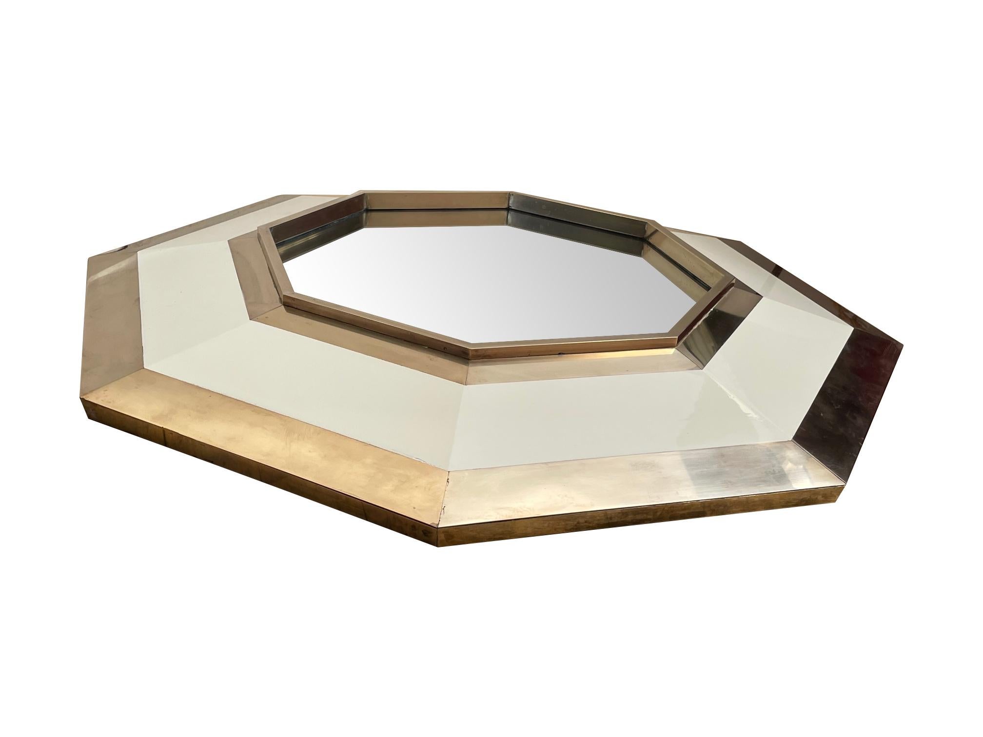 Mid-Century Modern 1970s Octagonal Brass and Ivory Lacquer Mirror by Jean Claude Mahey For Sale