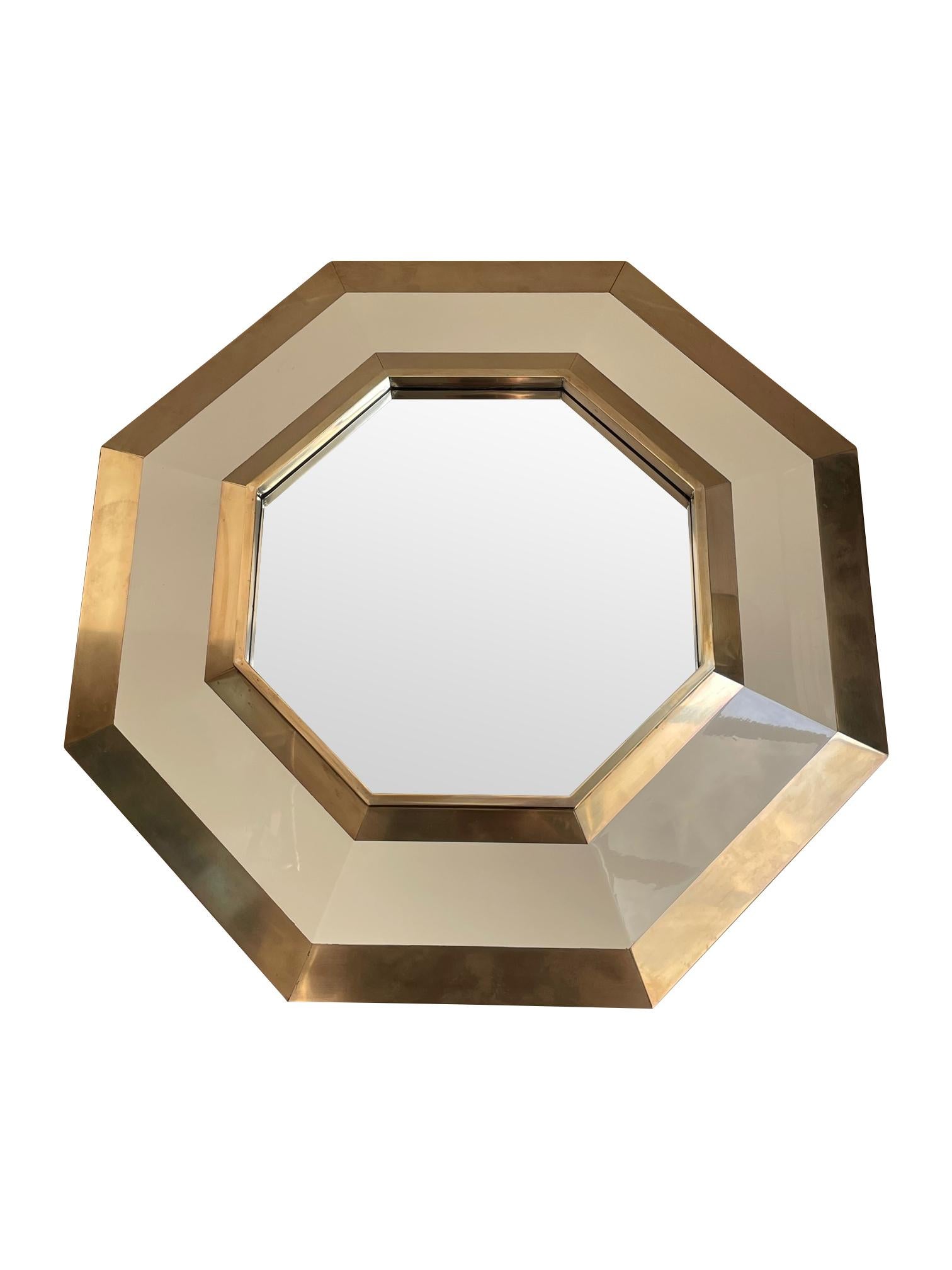 French 1970s Octagonal Brass and Ivory Lacquer Mirror by Jean Claude Mahey For Sale