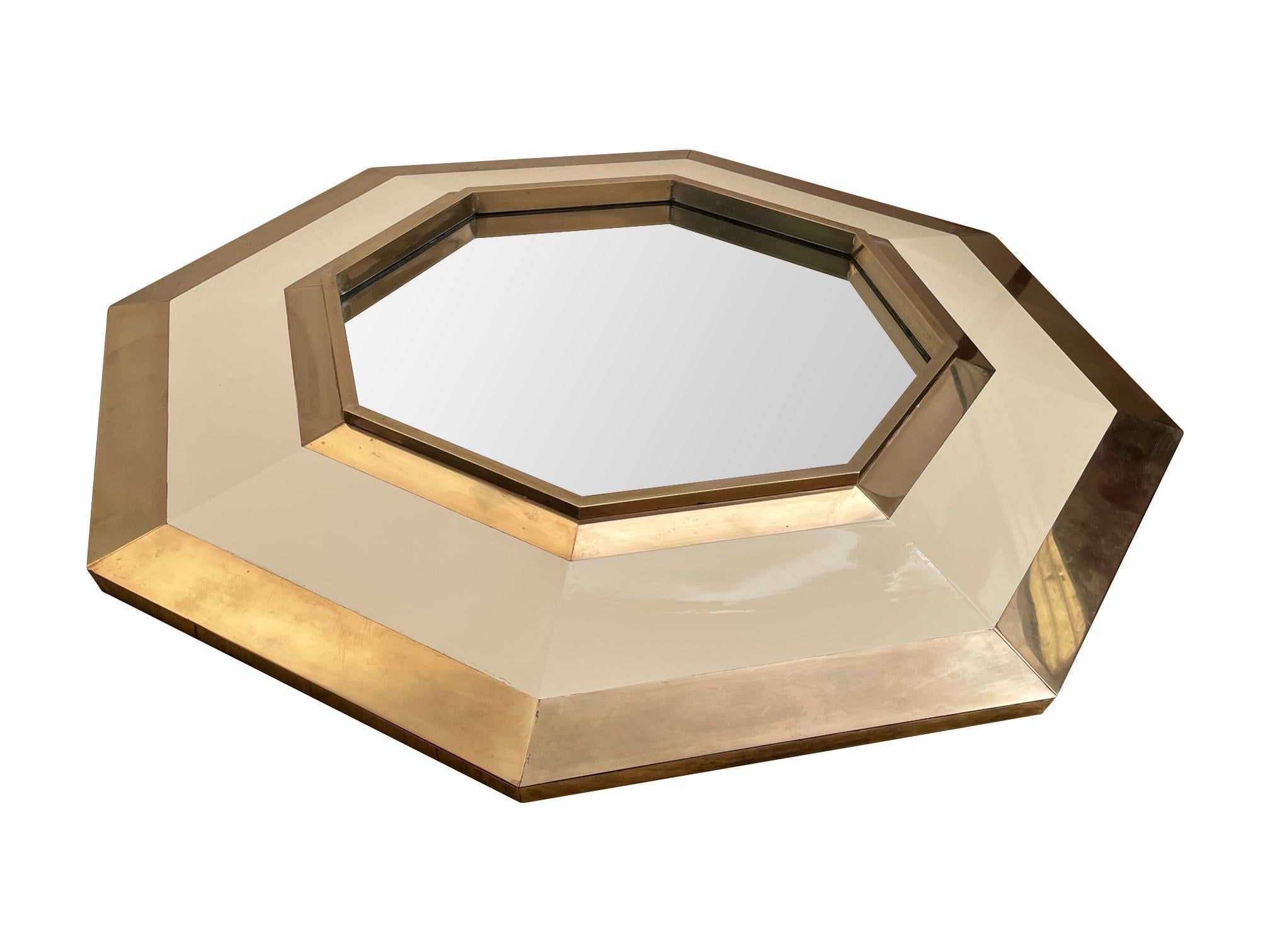 Lacquered 1970s Octagonal Brass and Ivory Lacquer Mirror by Jean Claude Mahey For Sale