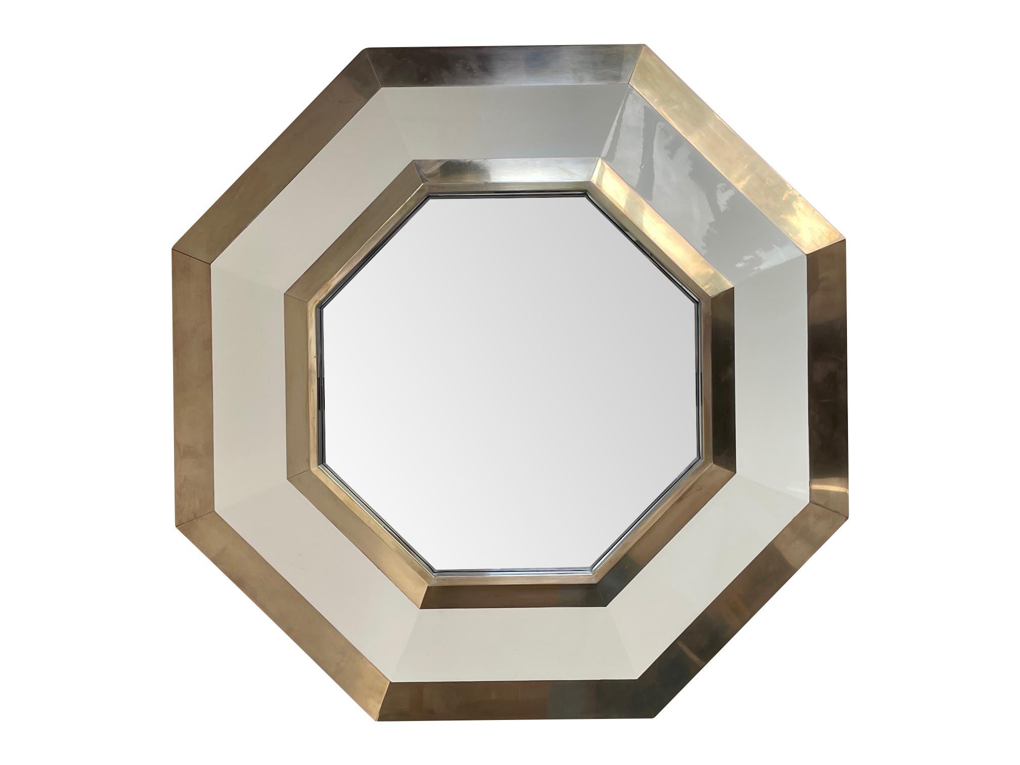 1970s Octagonal Brass and Ivory Lacquer Mirror by Jean Claude Mahey In Good Condition For Sale In London, GB