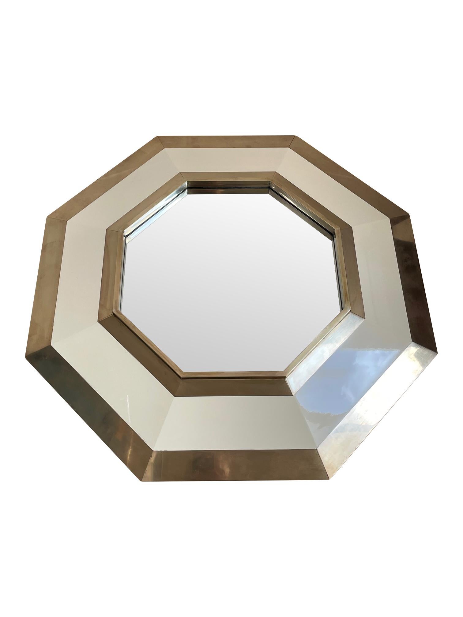 Late 20th Century 1970s Octagonal Brass and Ivory Lacquer Mirror by Jean Claude Mahey For Sale