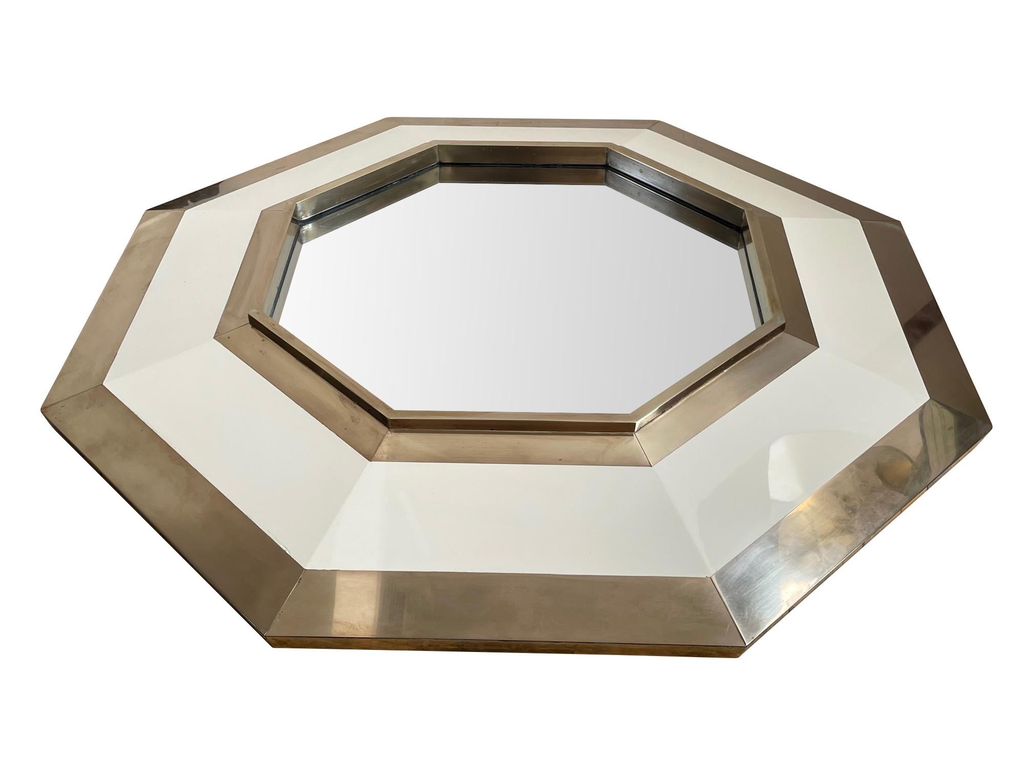 1970s Octagonal Brass and Ivory Lacquer Mirror by Jean Claude Mahey For Sale 1