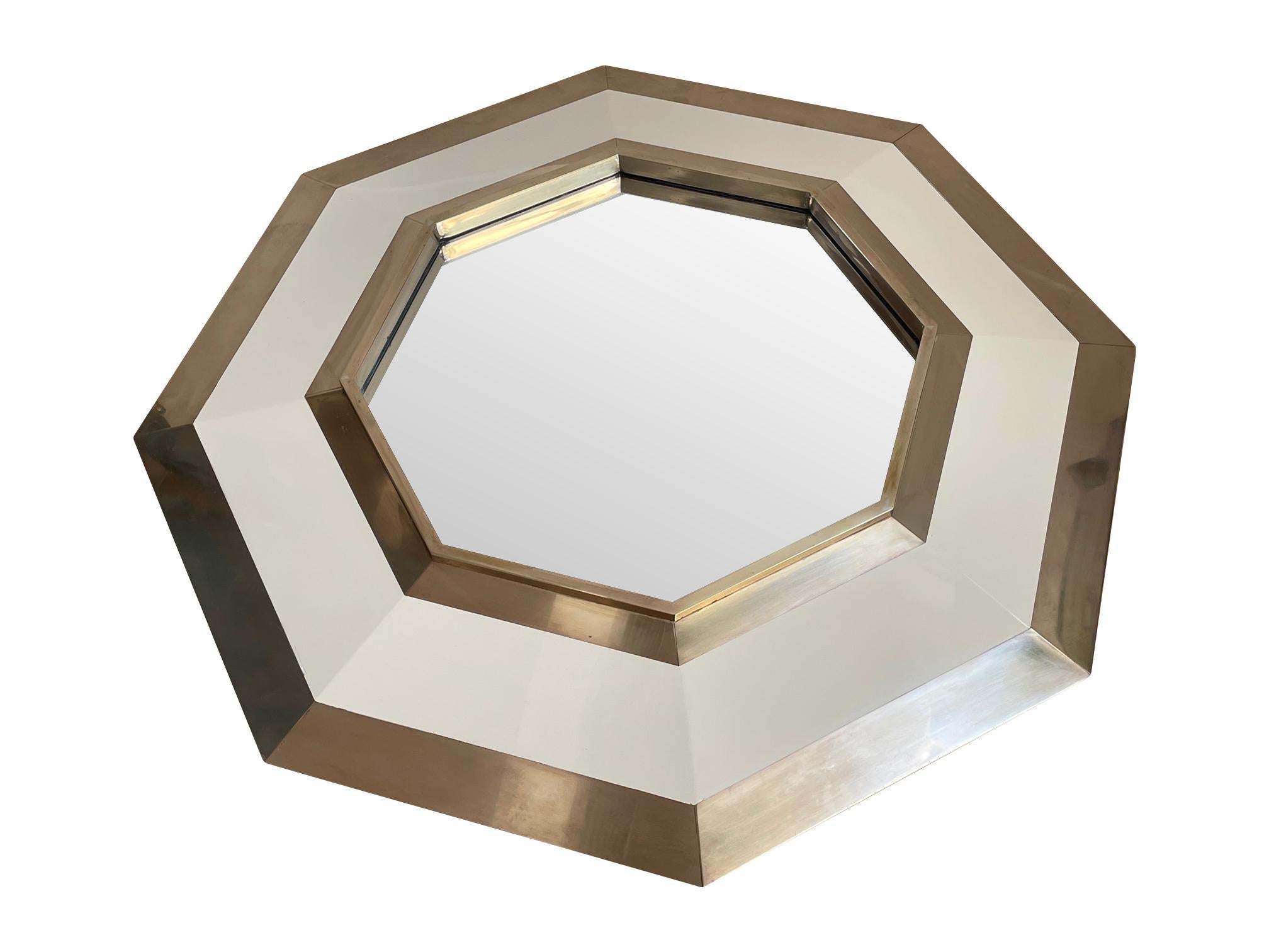 1970s Octagonal Brass and Ivory Lacquer Mirror by Jean Claude Mahey For Sale 2