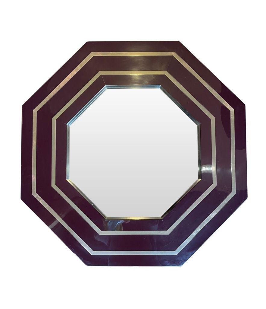 French 1970s Octagonal Mirror by Jean Claude Mahey with Brass Inlay Frame For Sale