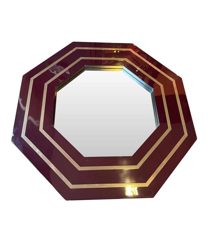 1970s Octagonal Mirror by Jean Claude Mahey with Brass Inlay Frame In Good Condition For Sale In London, GB
