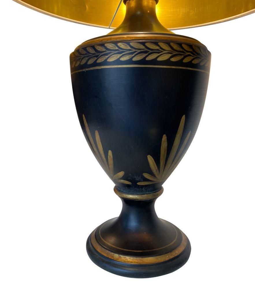 1970s Pair of Large Black Ceramic Gilt Painted Lamps in a Classical Style For Sale 5
