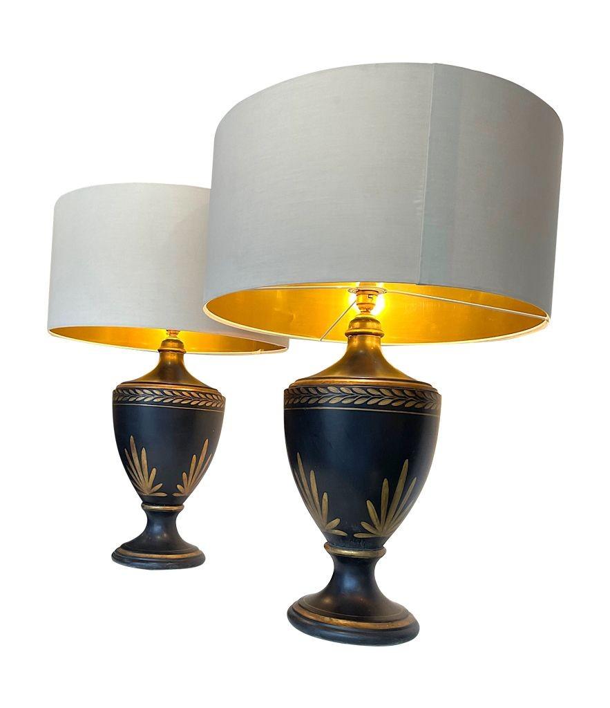 French 1970s Pair of Large Black Ceramic Gilt Painted Lamps in a Classical Style For Sale