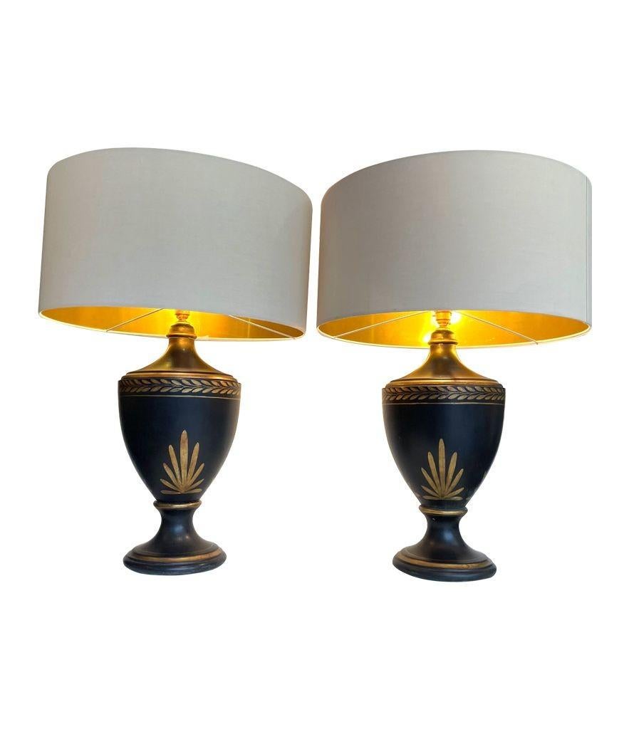 1970s Pair of Large Black Ceramic Gilt Painted Lamps in a Classical Style In Good Condition For Sale In London, GB
