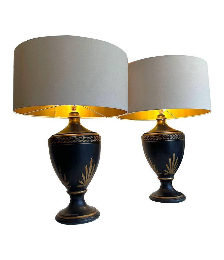 Late 20th Century 1970s Pair of Large Black Ceramic Gilt Painted Lamps in a Classical Style For Sale