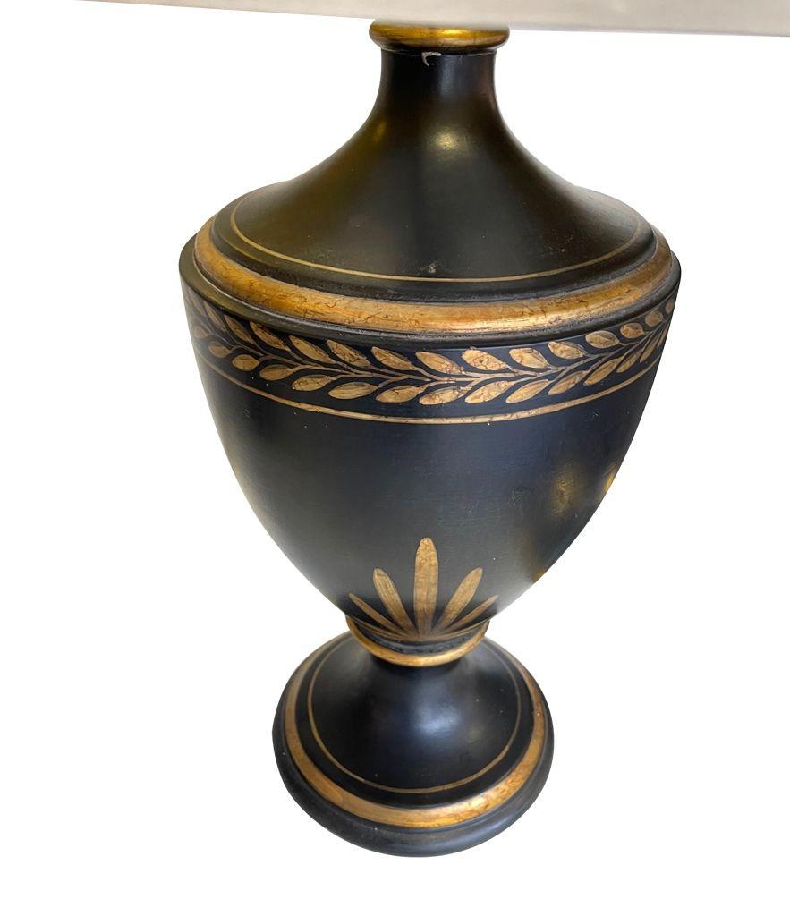1970s Pair of Large Black Ceramic Gilt Painted Lamps in a Classical Style For Sale 1