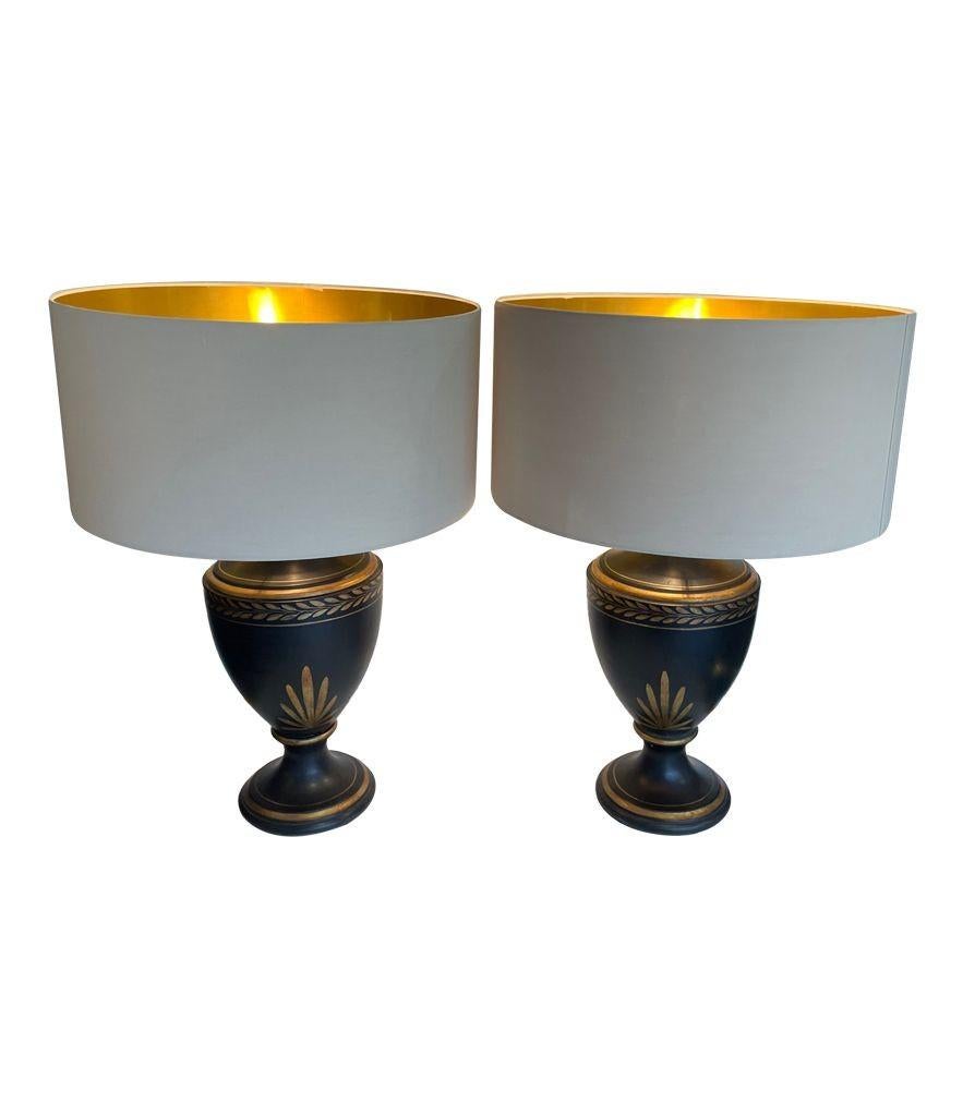 1970s Pair of Large Black Ceramic Gilt Painted Lamps in a Classical Style For Sale 2