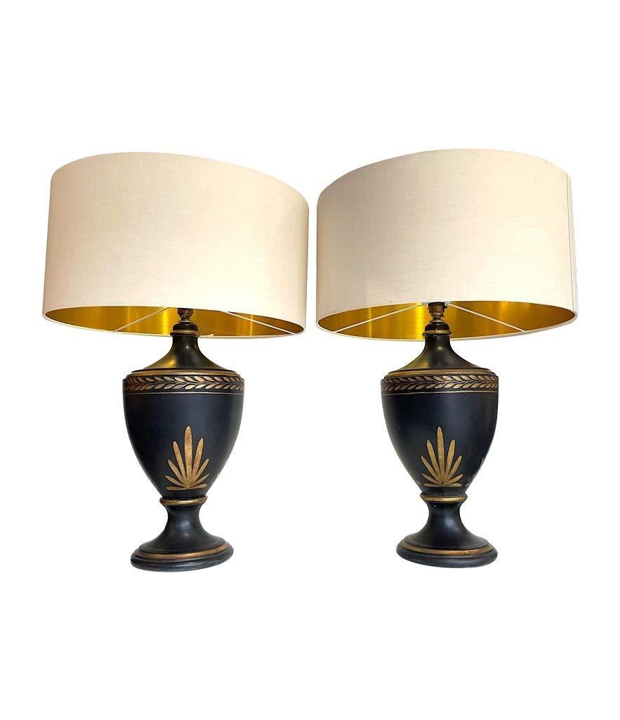 1970s Pair of Large Black Ceramic Gilt Painted Lamps in a Classical Style For Sale 4