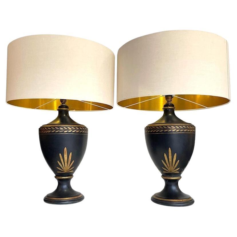 1970s Pair of Large Black Ceramic Gilt Painted Lamps in a Classical Style For Sale