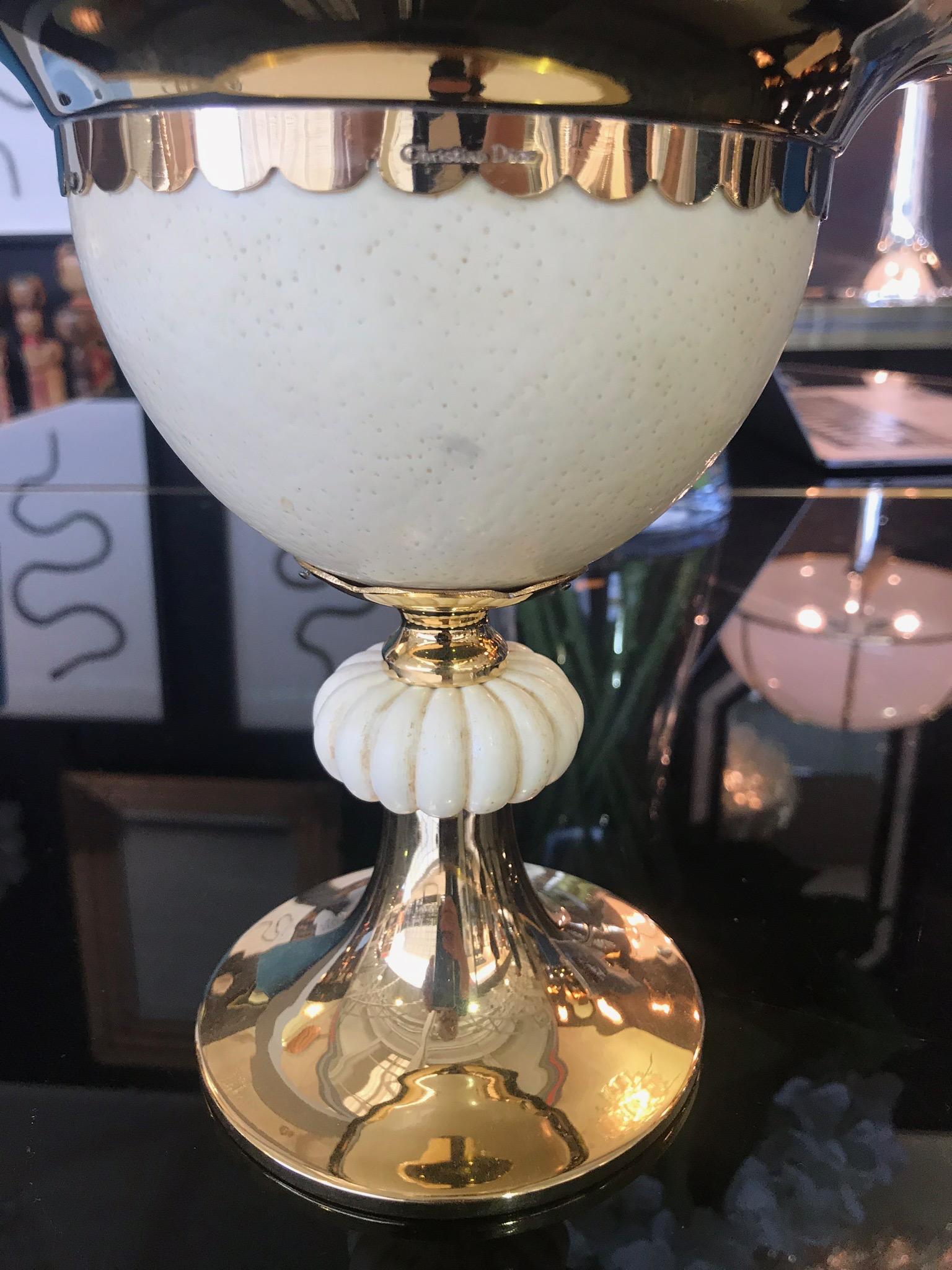 Ostrich Eggshell 1970s Potpourri Holder in Gilt Metal with Real Ostrich Egg by Christian Dior
