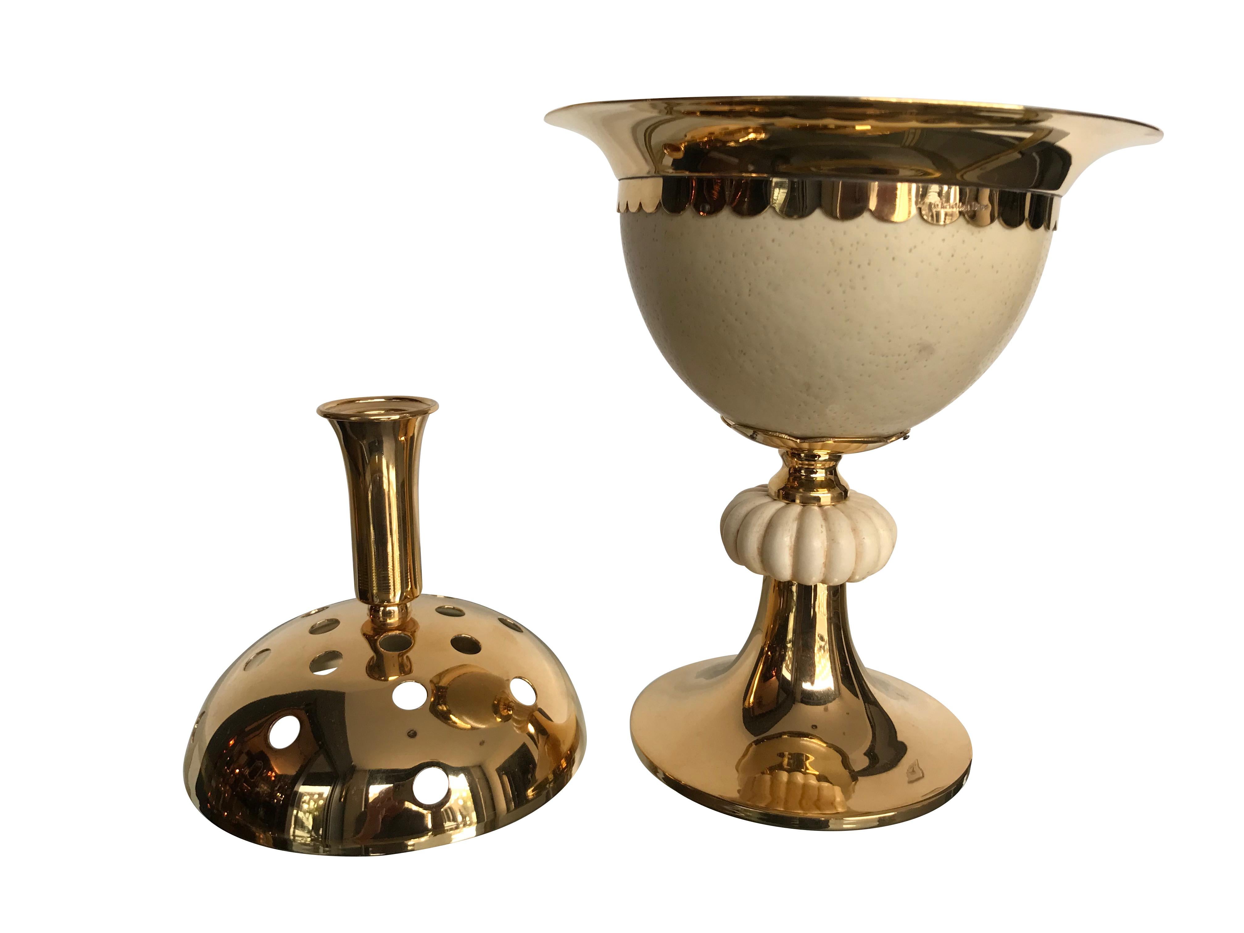 Mid-Century Modern 1970s Potpourri Holder in Gilt Metal with Real Ostrich Egg by Christian Dior