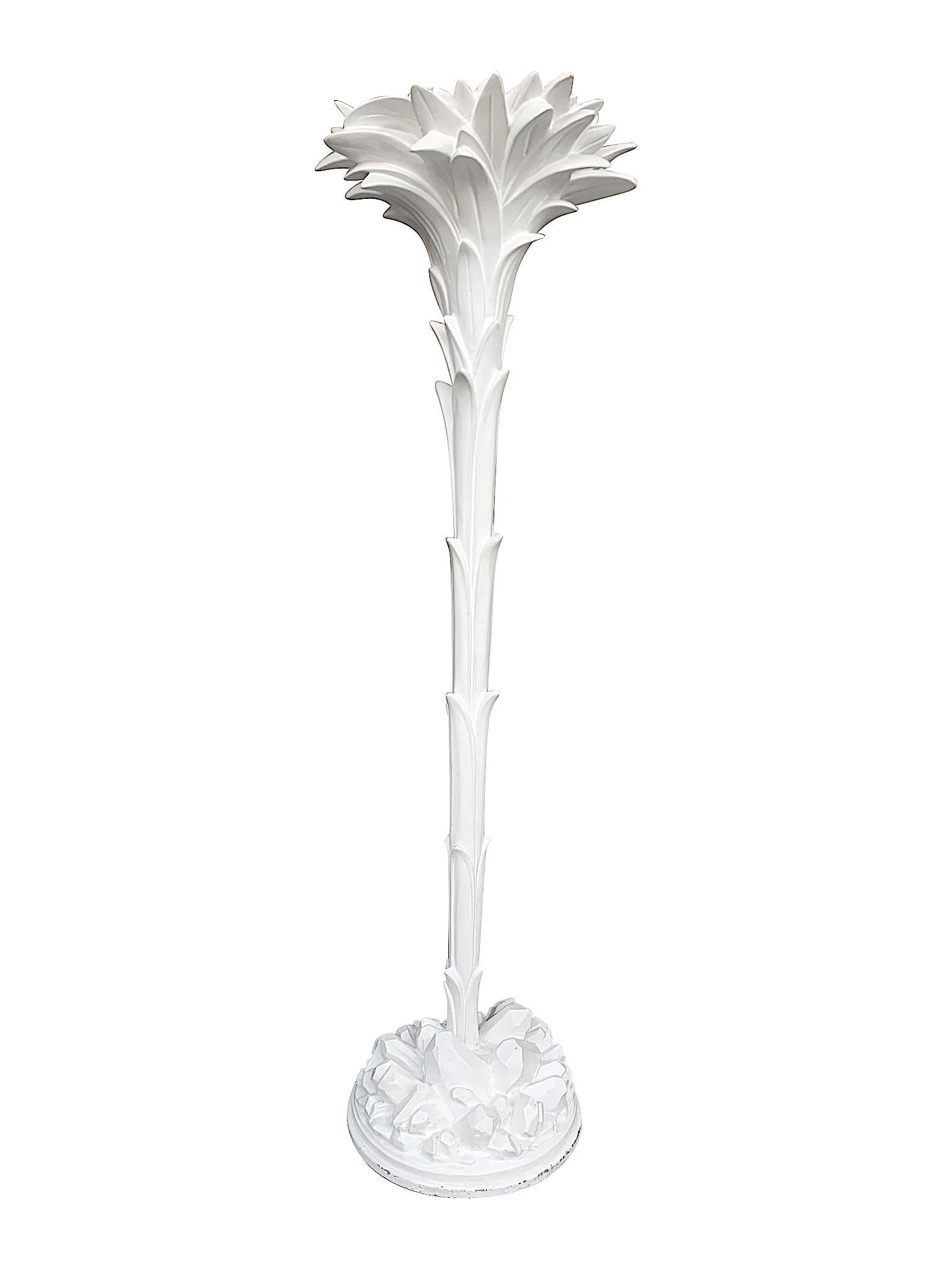 A 1970s Serge Roche style palm leaf floor lamp torchiere in cast resin and white plaster mounted on a white wooden base with stylized crystals. With single light fitting and original switch, re-wired with antique gold cord flex and PAT