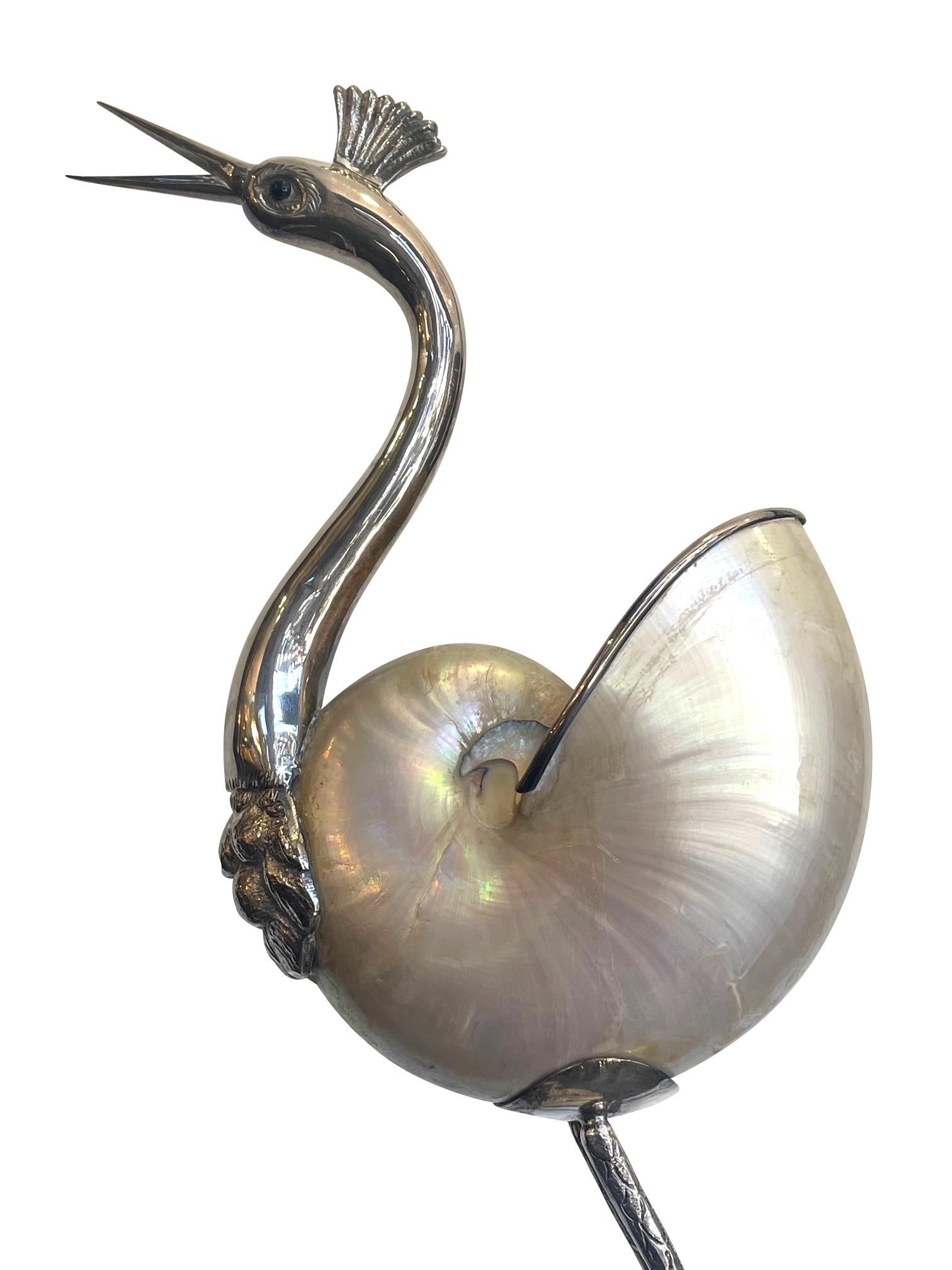 1970's Silver Plated Crane by Gabriella Binazzi with Real Nautilus Shell Body 4