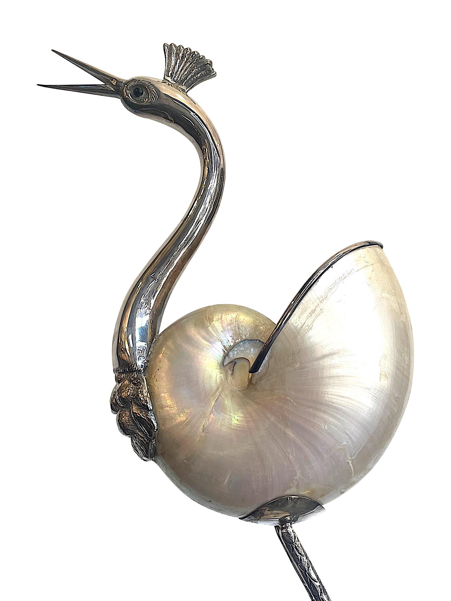 1970's Silver Plated Crane by Gabriella Binazzi with Real Nautilus Shell Body 5