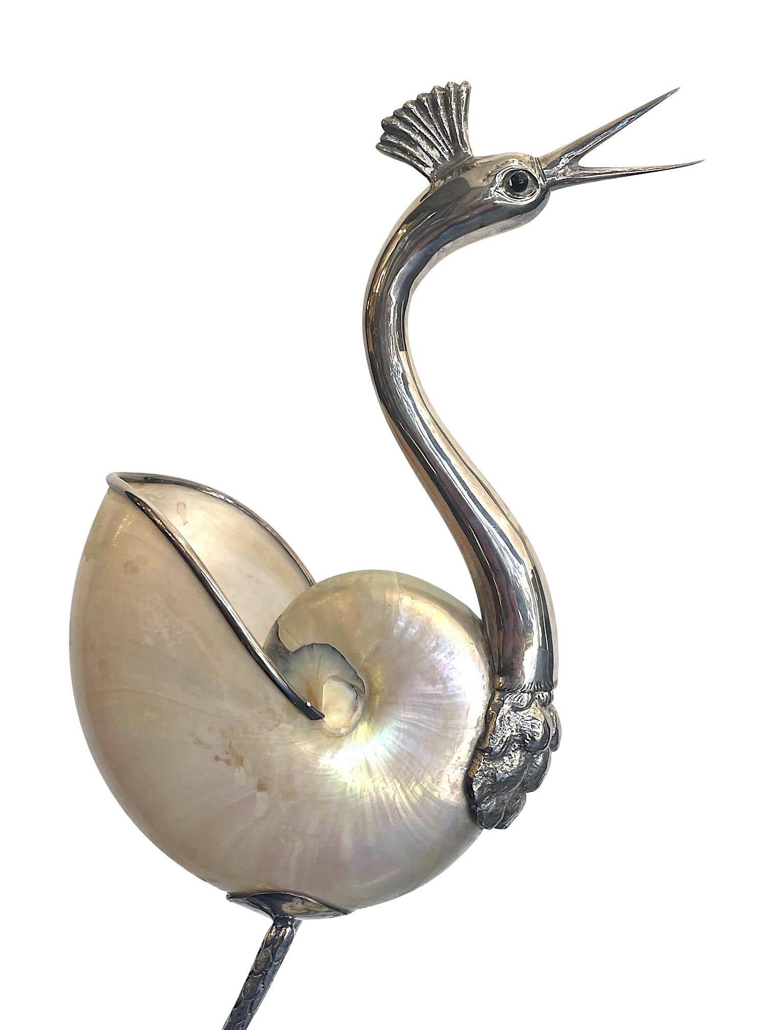 Mid-Century Modern 1970's Silver Plated Crane by Gabriella Binazzi with Real Nautilus Shell Body