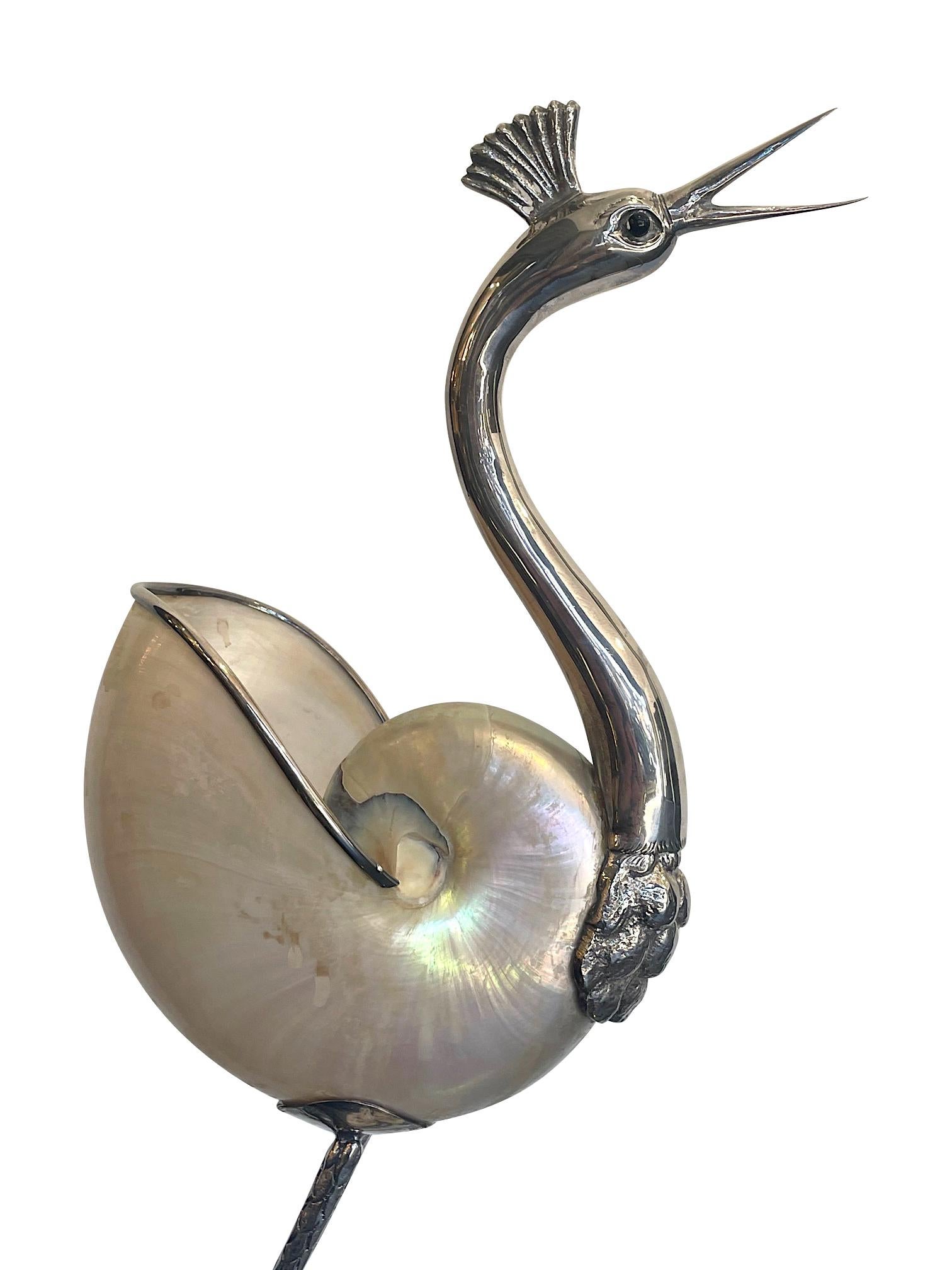 1970's Silver Plated Crane by Gabriella Binazzi with Real Nautilus Shell Body In Good Condition In London, GB