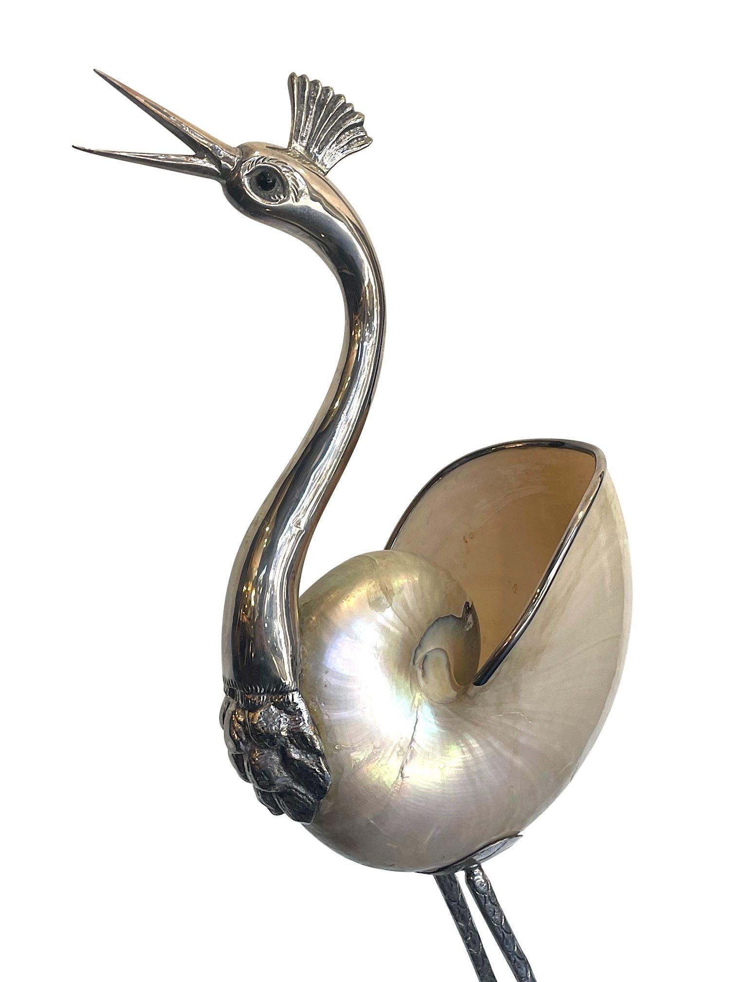 1970's Silver Plated Crane by Gabriella Binazzi with Real Nautilus Shell Body 1