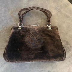 A 1970s Vintage Brown Velvet, Leather and Silver Hardware Italian Hand-Bag