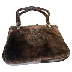 A 1970s Vintage Brown Velvet, Leather and Silver Hardware Italian Hand-Bag