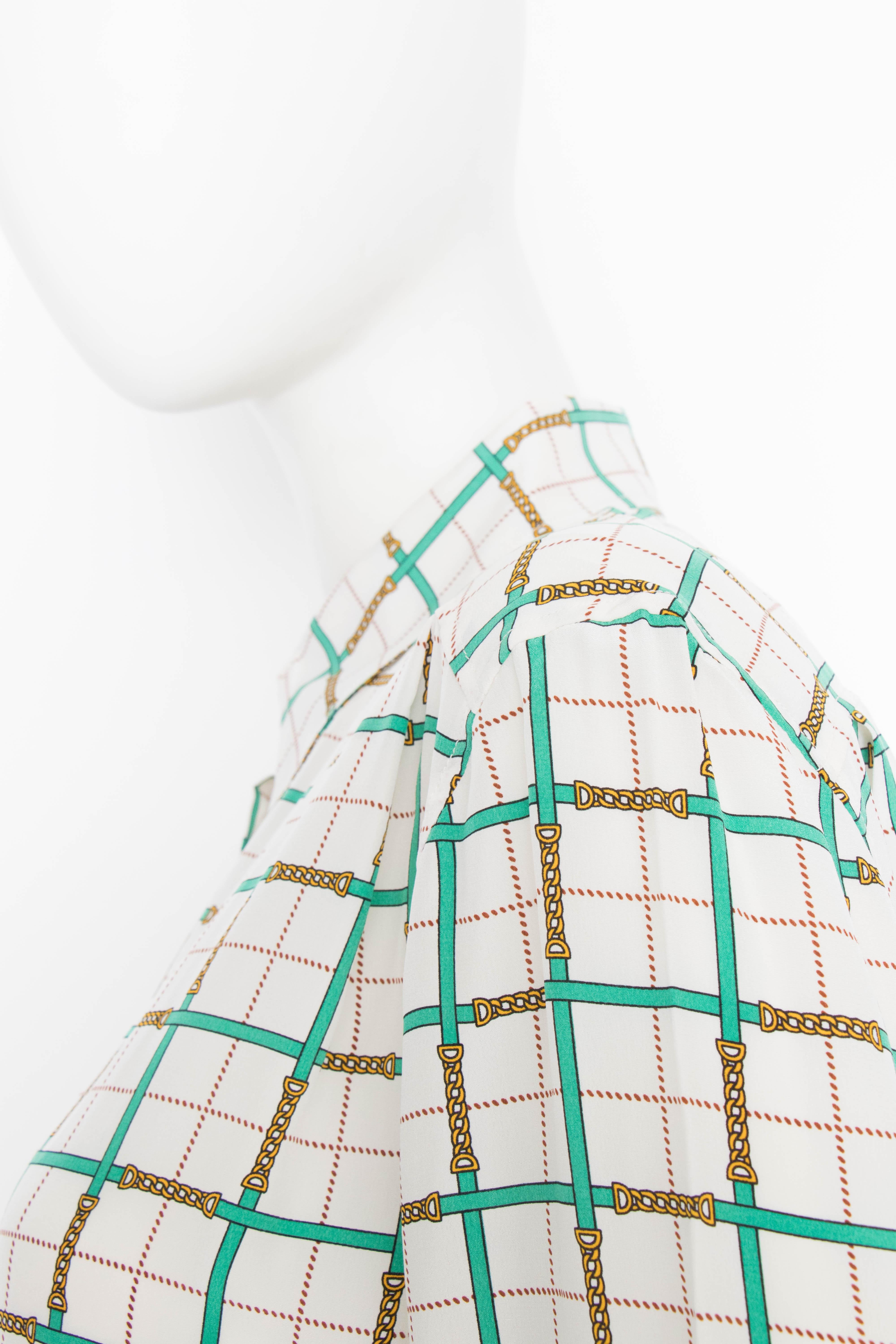 A 1970s Vintage Céline White Chain Print Silk Blouse  1