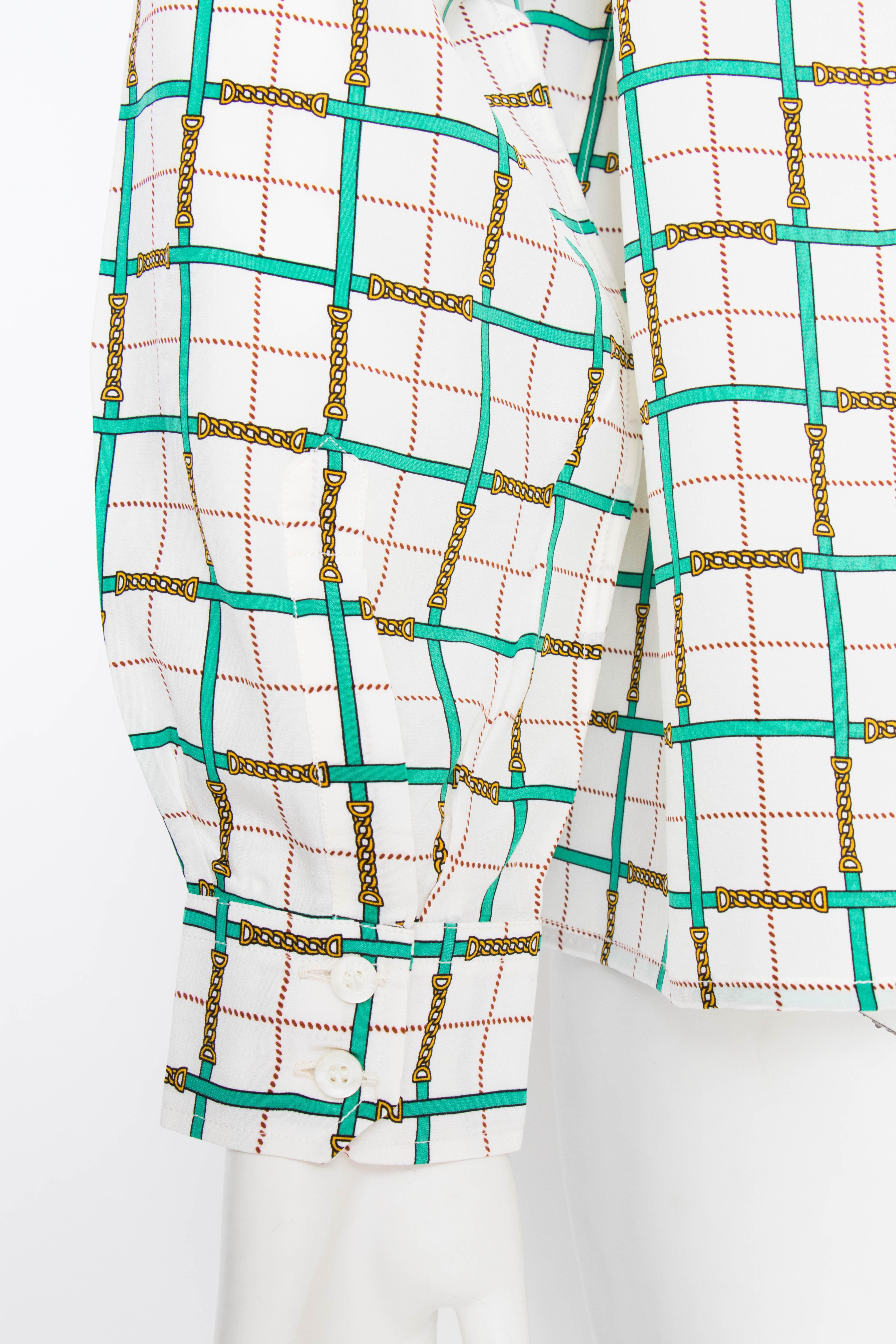 A 1970s Vintage Céline White Chain Print Silk Blouse  4