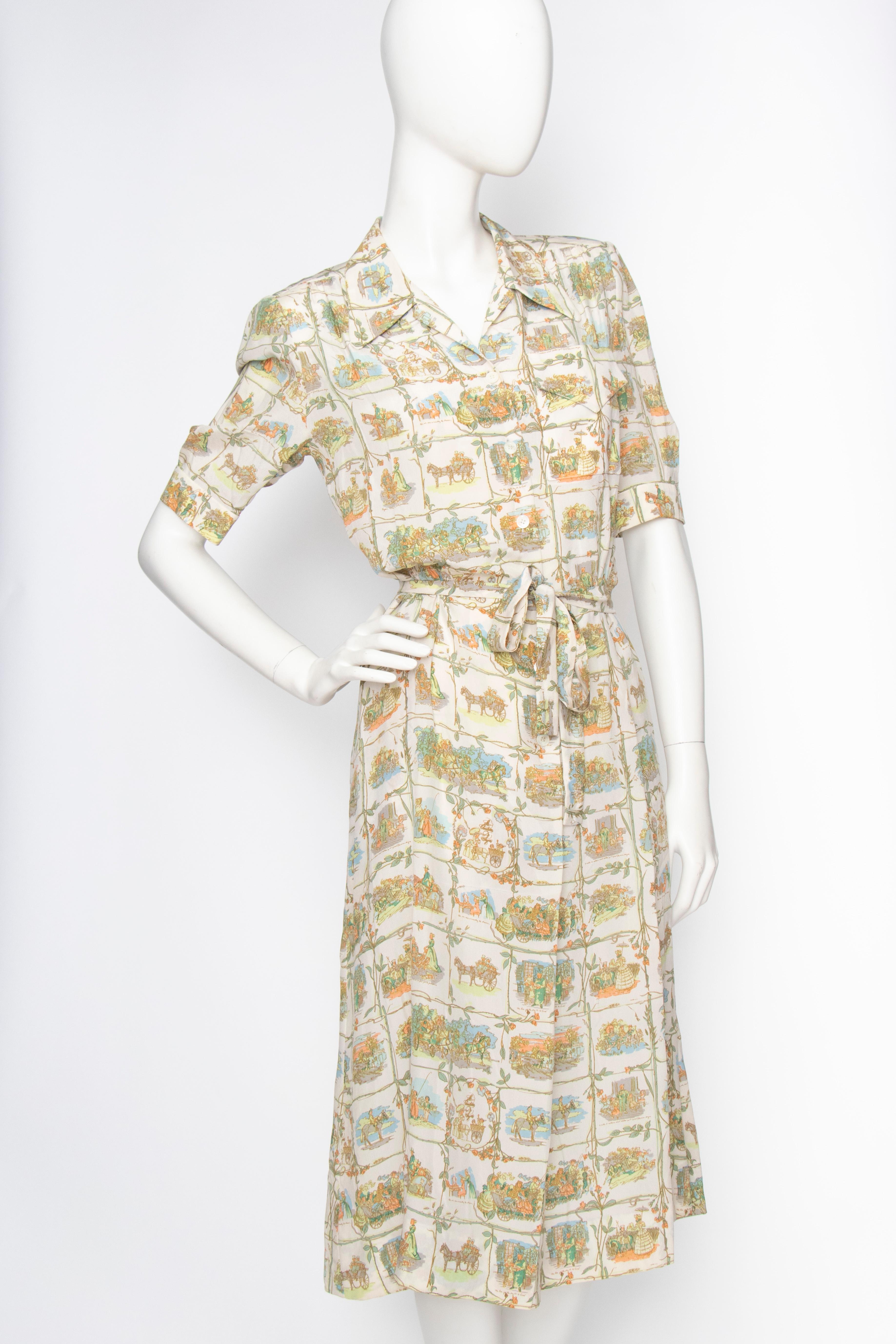 An incredible 1970s Hermès silk day dress with a button-down front, pleated skirt and short voluminous sleeves. The stunning ivory dress has a delicate print held in light shades of green, pink and blue. 

The size corresponds to a modern size extra