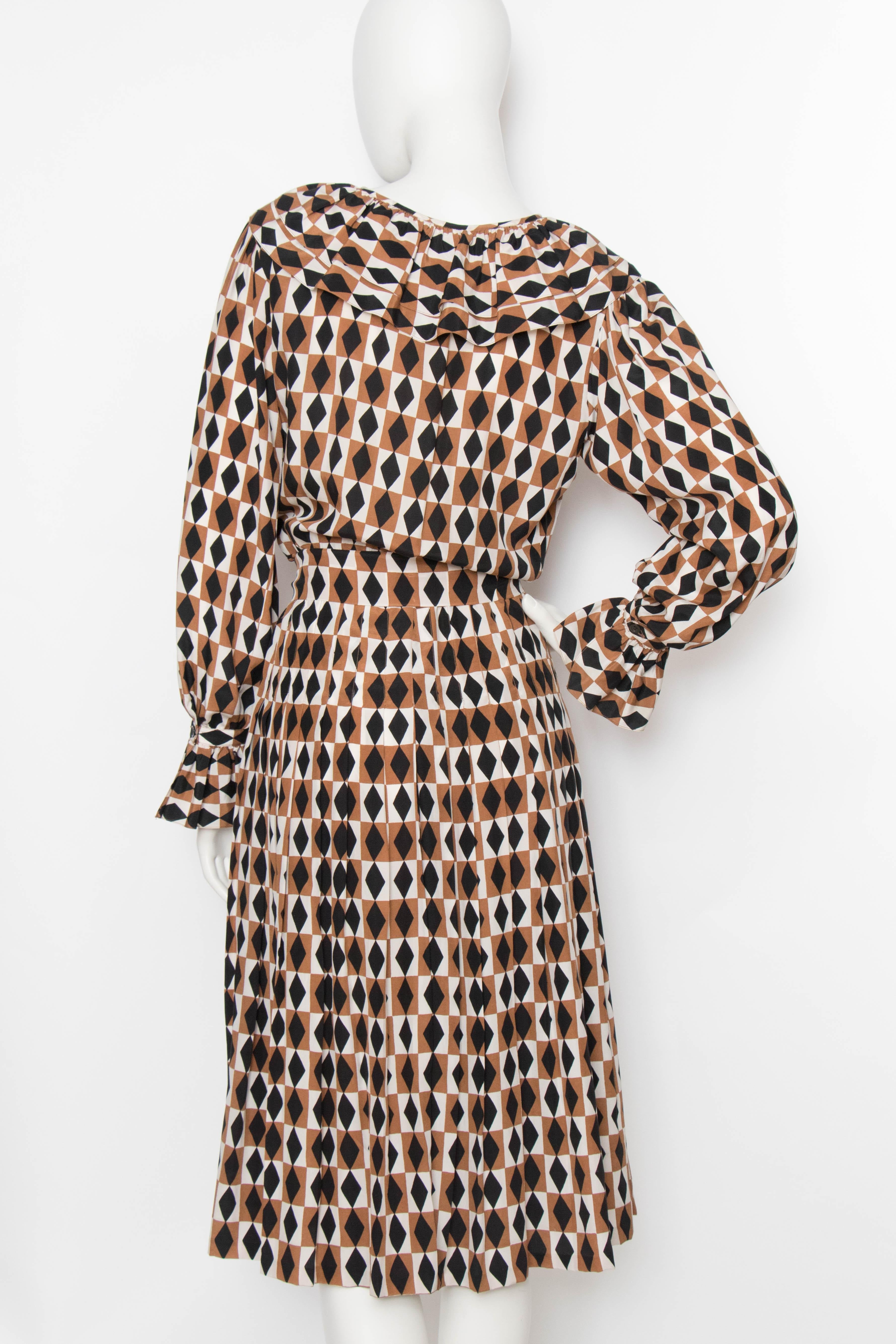 Brown A 1970s Vintage Yves Saint Laurent Graphic Silk Day Dress 