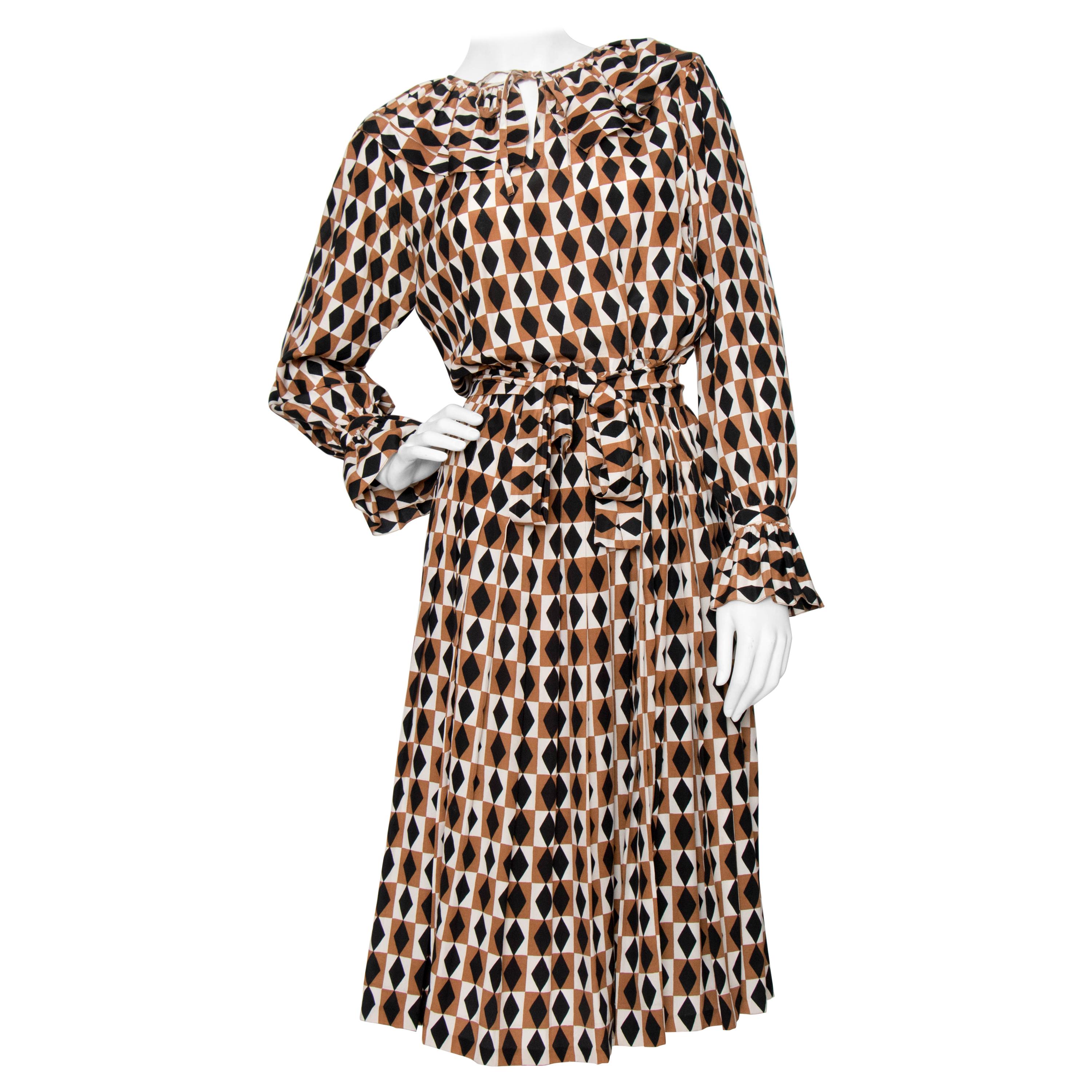 A 1970s Vintage Yves Saint Laurent Graphic Silk Day Dress 
