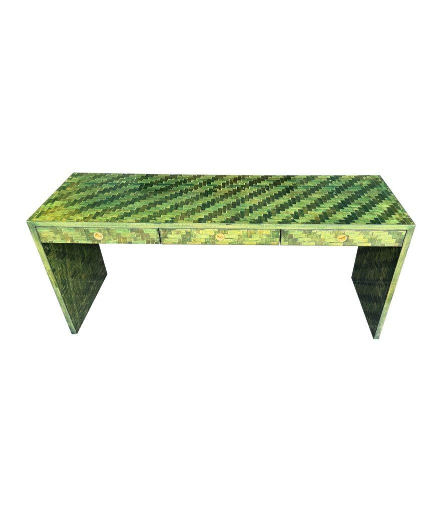 Late 20th Century A 1970s woven green rattan three drawer console table by Vivai Del Sud For Sale