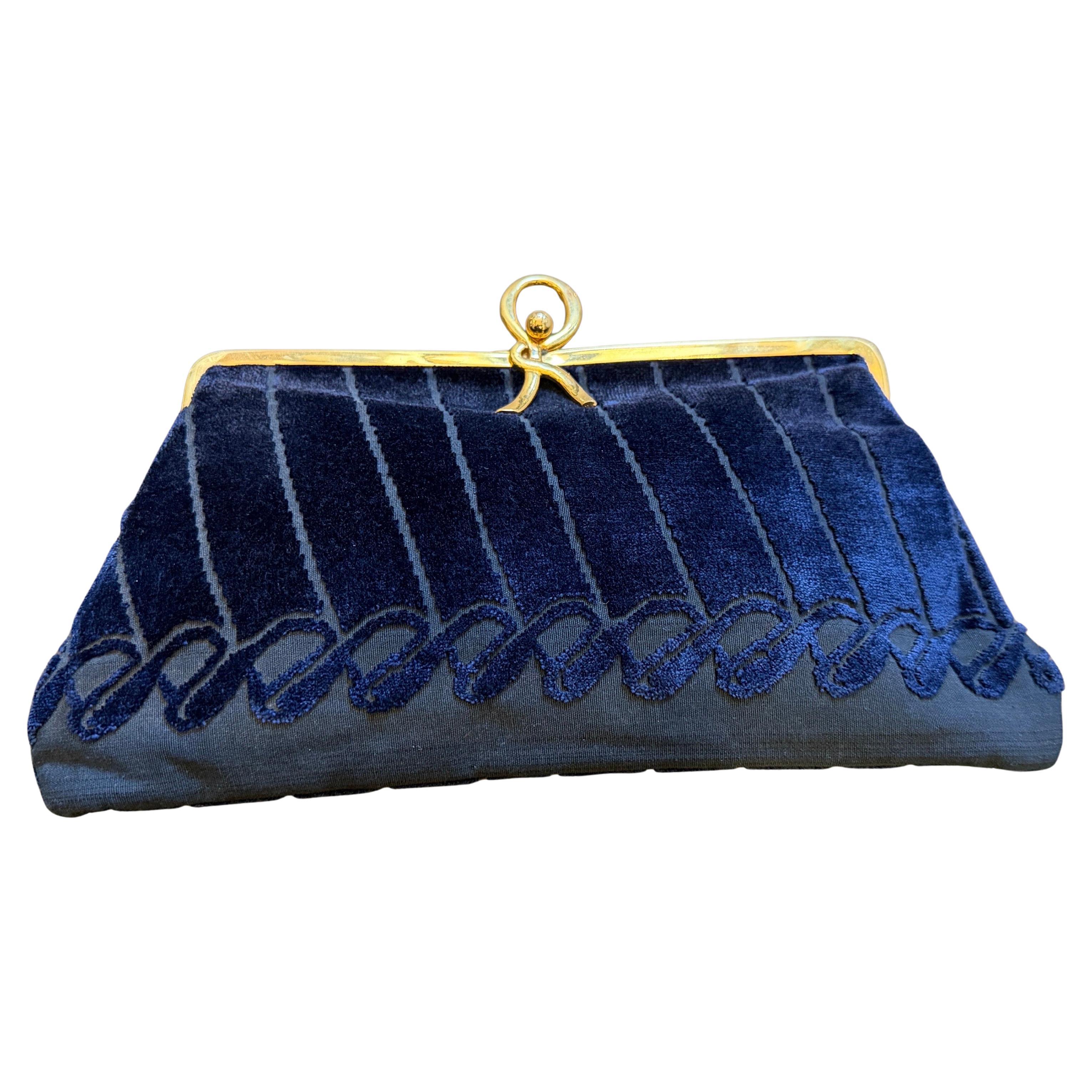 A 1980s Elegant Blue Velvet and Brass Evening Bag by Roberta di Camerino