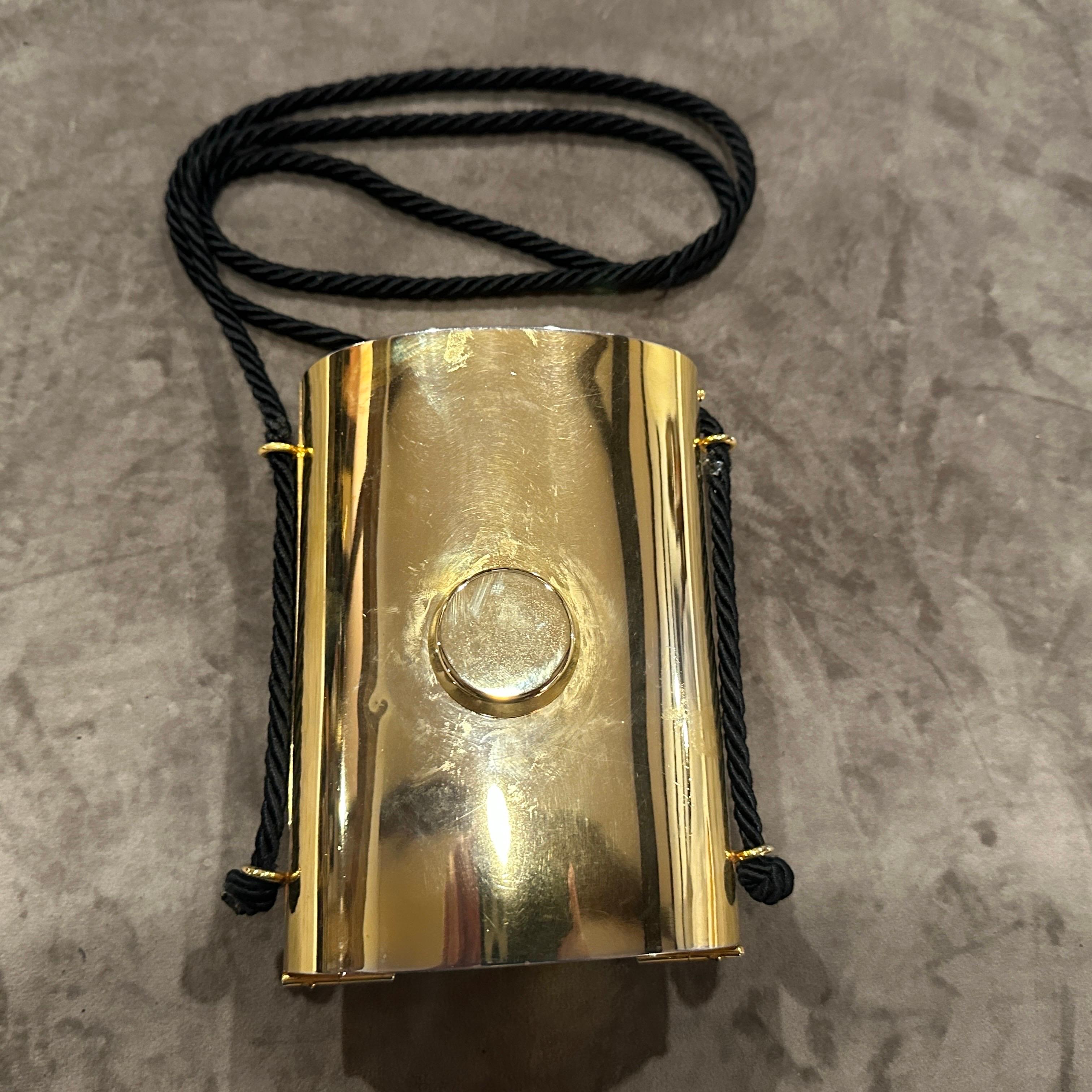 A 1980s Extravagant Brass, Leather and Black Rope Italian Minaudière Unisexe en vente