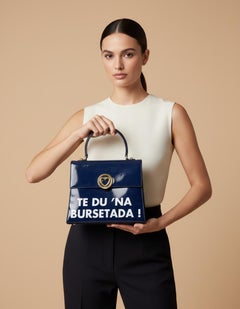 A 1980s Iconic Blue and White Handbag by Franco Moschino " Te du na bursetada! "