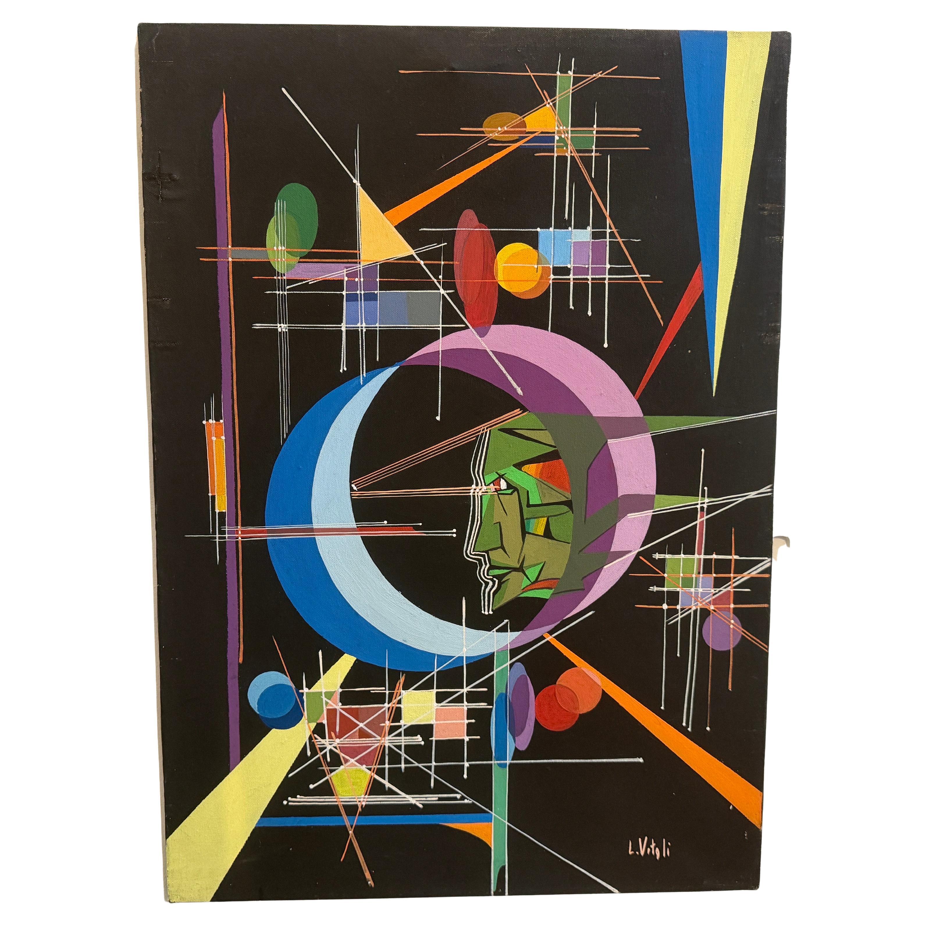 Pittura ad olio futurista astratta italiana di Libero Vitali degli anni '80 in stile Kandinsky