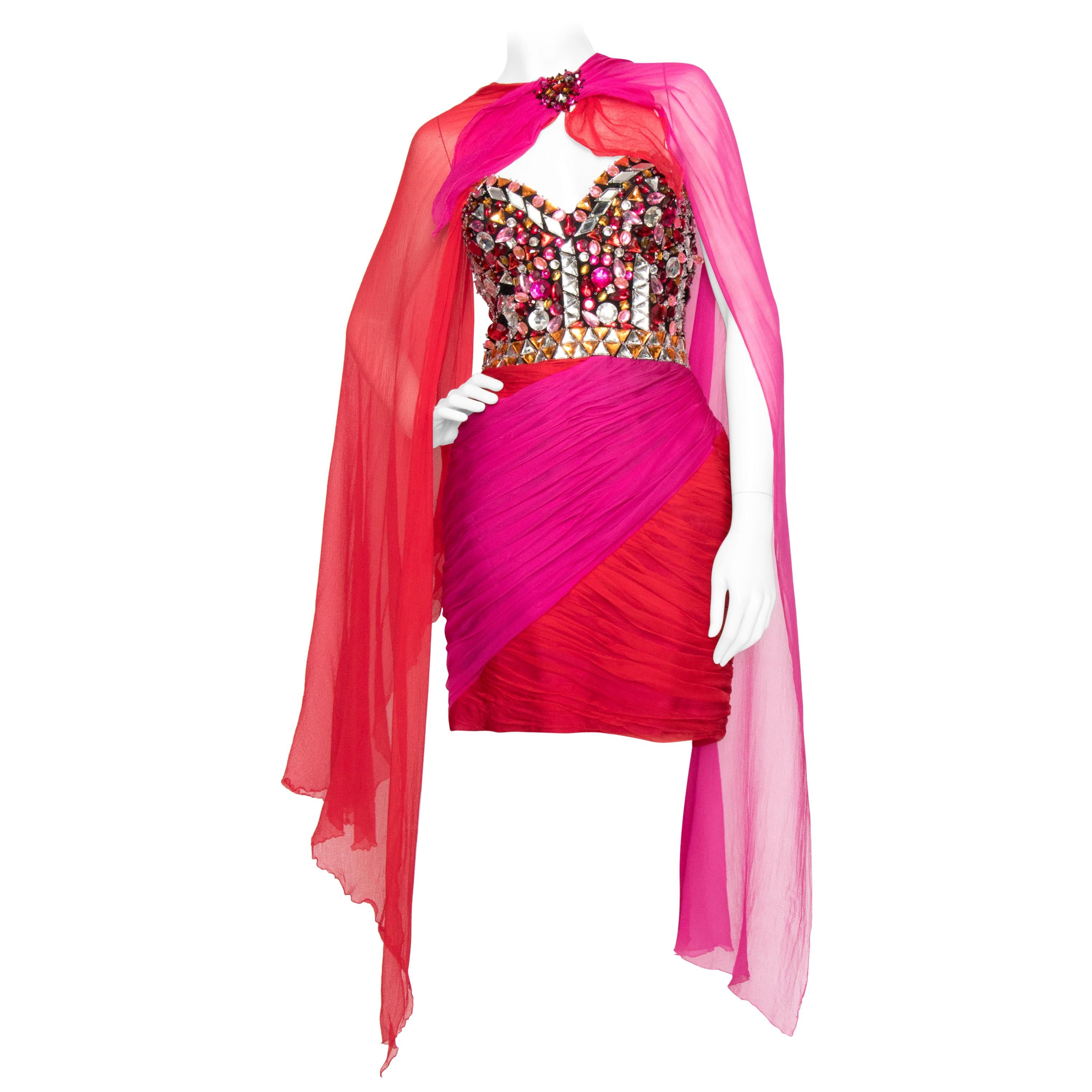 A 1980s Loris Azzaro Pink Silk Chiffon Embellished Cocktail Dress
