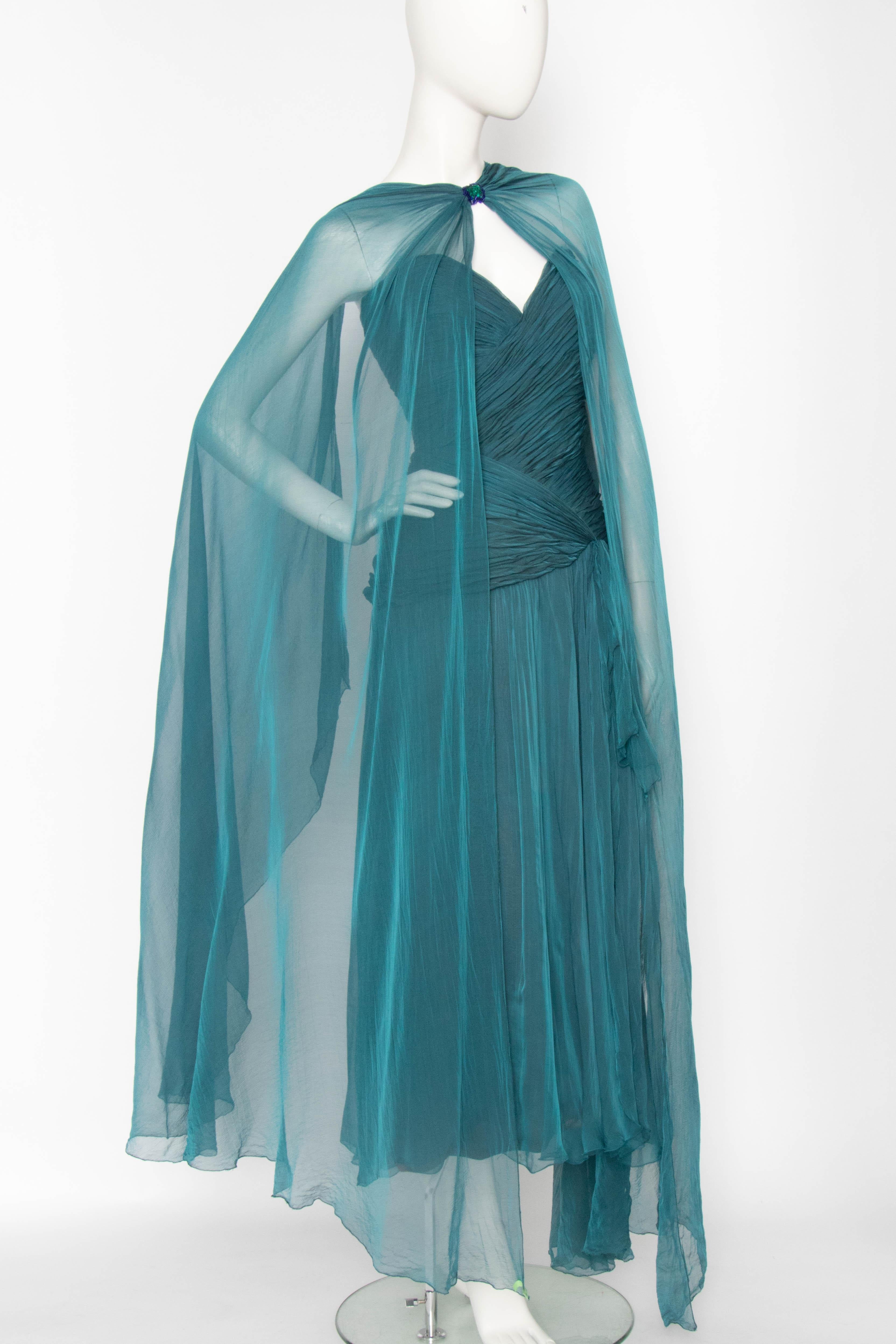 A 1980s Vintage Azzaro Blue Silk Chiffon Evening Dress In Good Condition In Copenhagen, DK