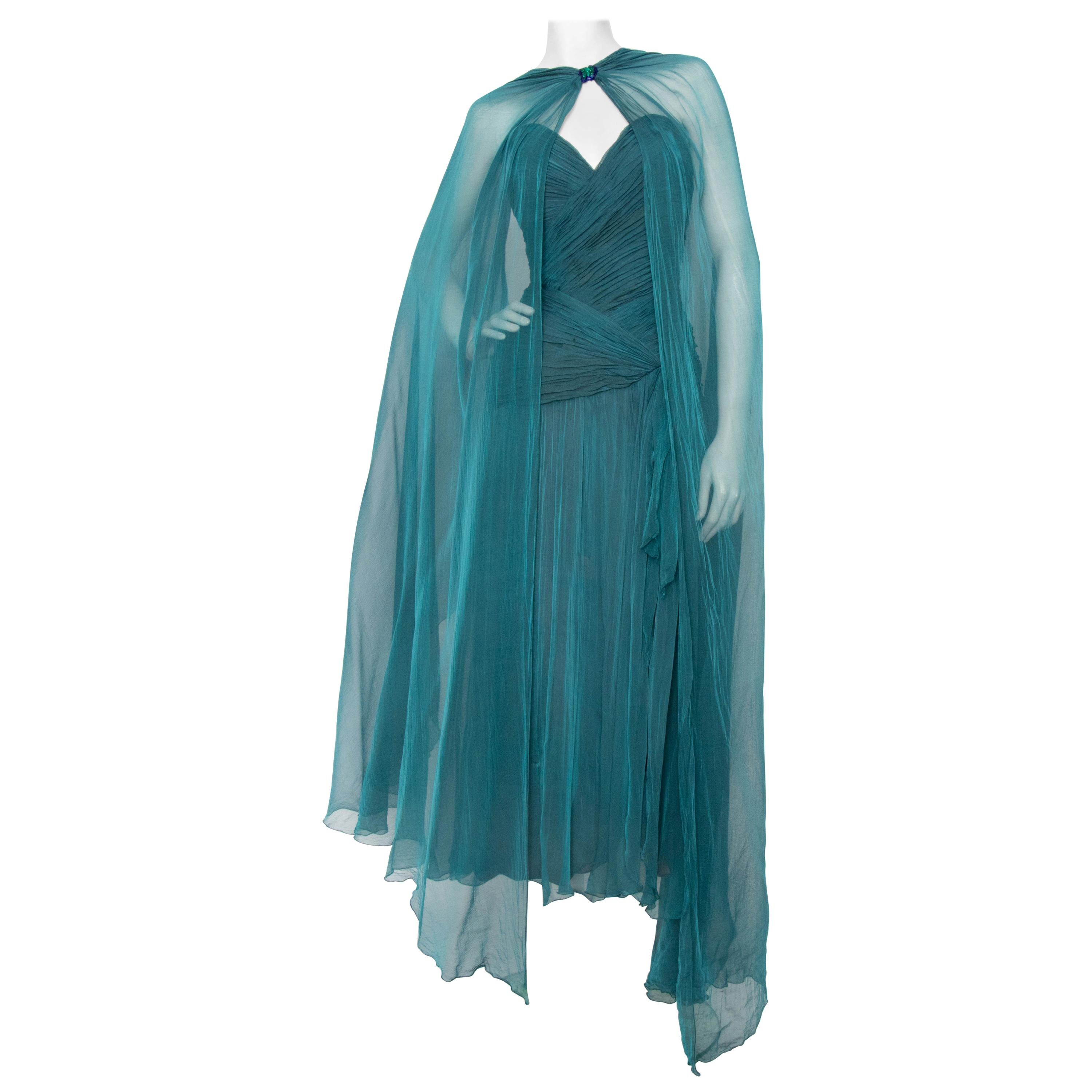 A 1980s Vintage Azzaro Blue Silk Chiffon Evening Dress