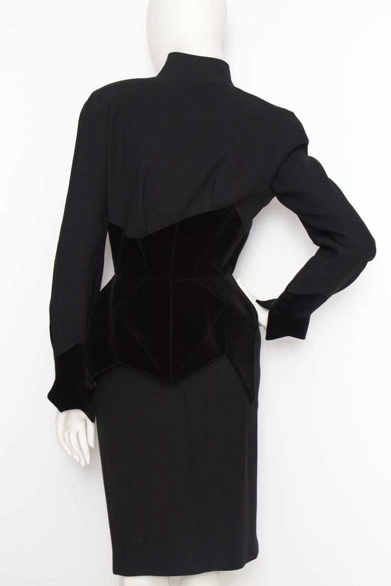A 1980s Vintage Thierry Mugler Black Wool and Velvet Skirt Suit at 1stDibs