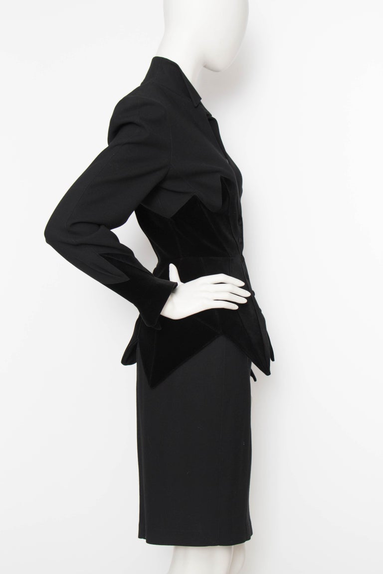 A 1980s Vintage Thierry Mugler Black Wool and Velvet Skirt Suit at 1stDibs