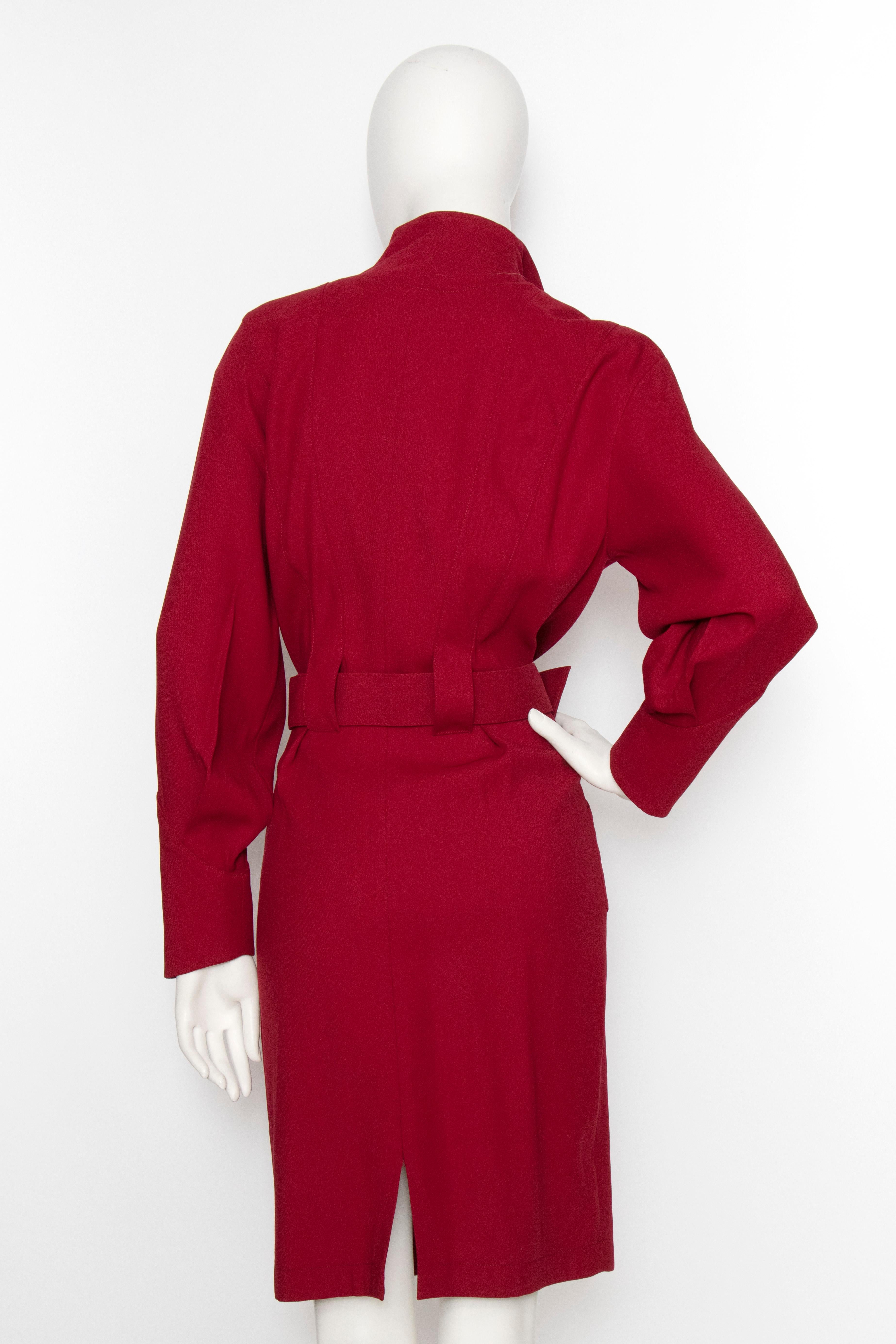 Women's or Men's A 1980s Vintage Thierry Mugler Wine Red Wasp-Waist Wool Dress 