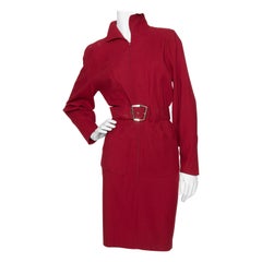 A 1980s Vintage Thierry Mugler Wine Red Wasp-Waist Wool Dress 