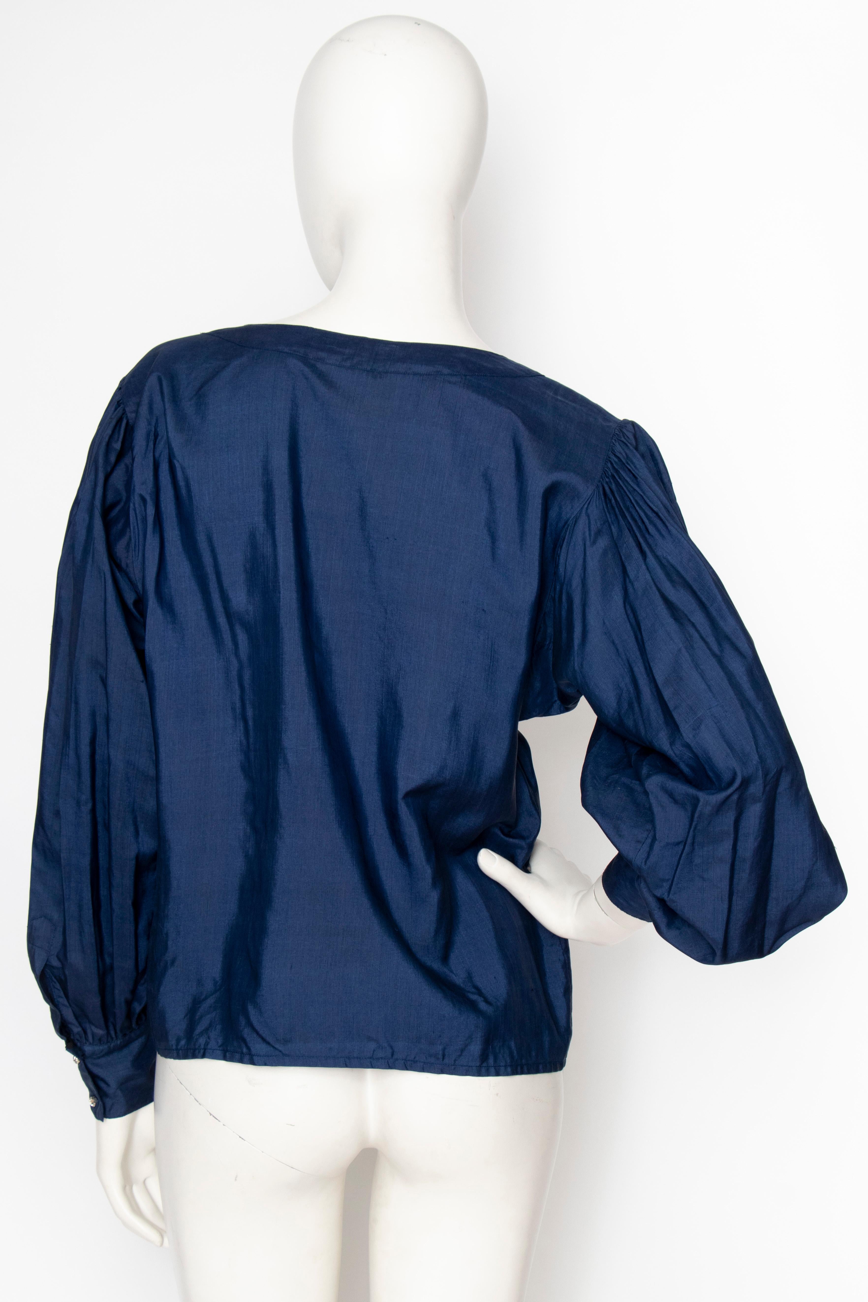 Women's or Men's A 1980s Vintage Yves Saint Laurent Rive Gauche Blue Silk Blouse  For Sale