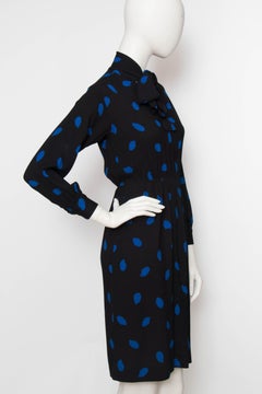 A 1980s Vintage Yves Saint Laurent Rive Gauche Silk Dress with Blue Polka Dots